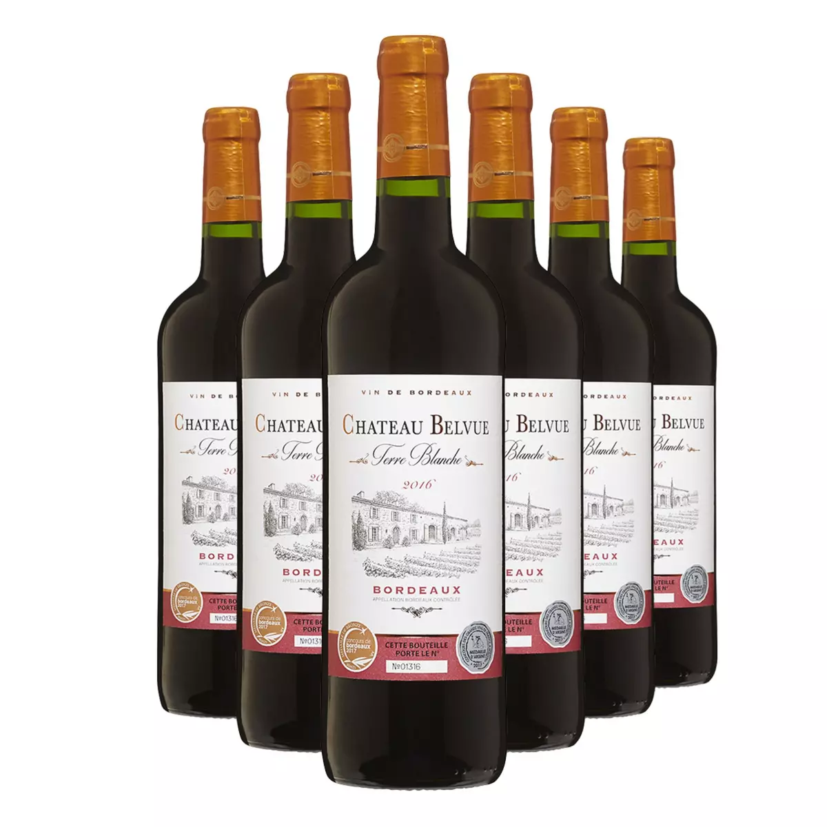 Lot de 6 Château Belvue Cuvée Terre Blanche Bordeaux Rouge 2016