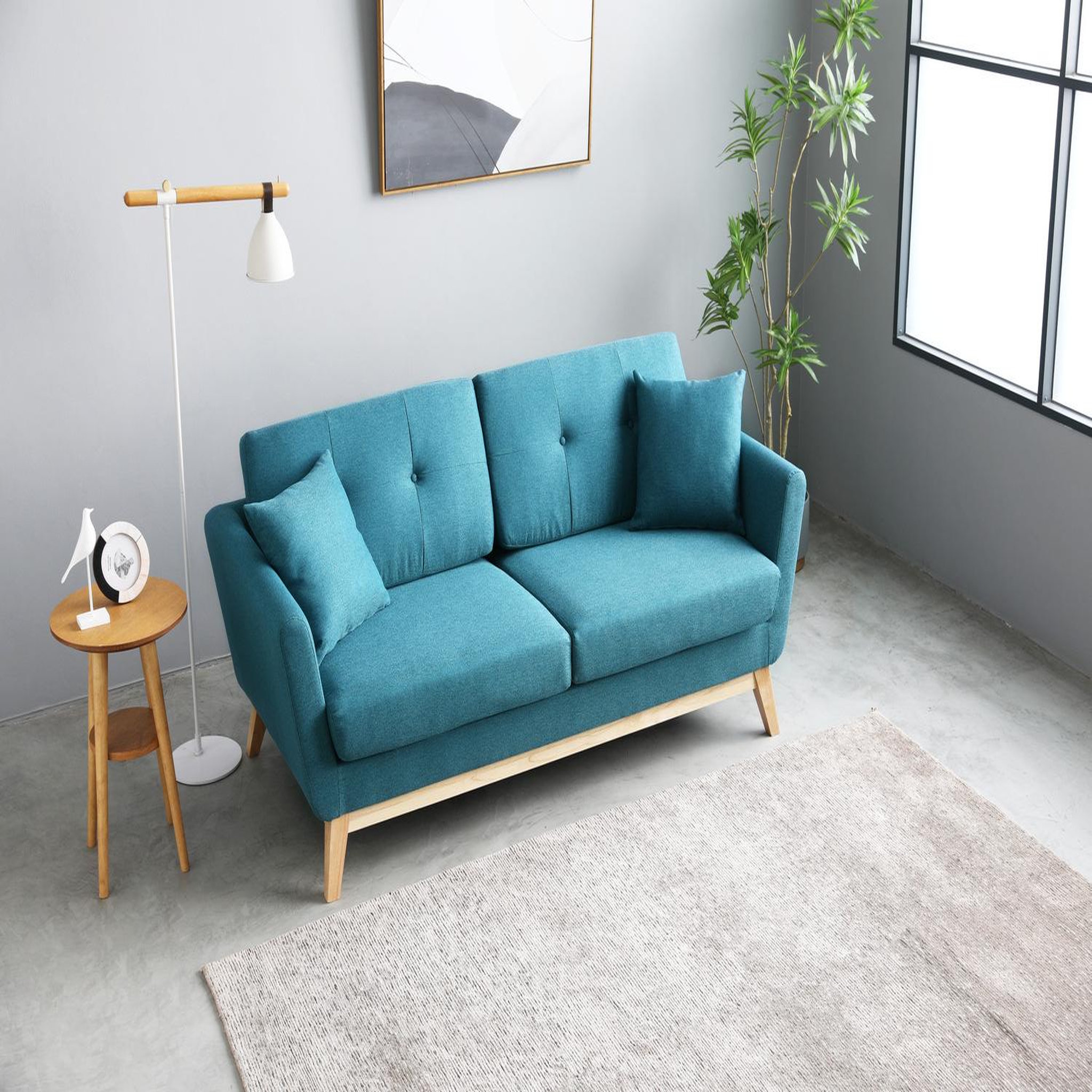 Voir la diapositive 3 : CONCEPT USINE Canapé 3 places scandinave et 2 coussins en tissu bleu canard HOGA