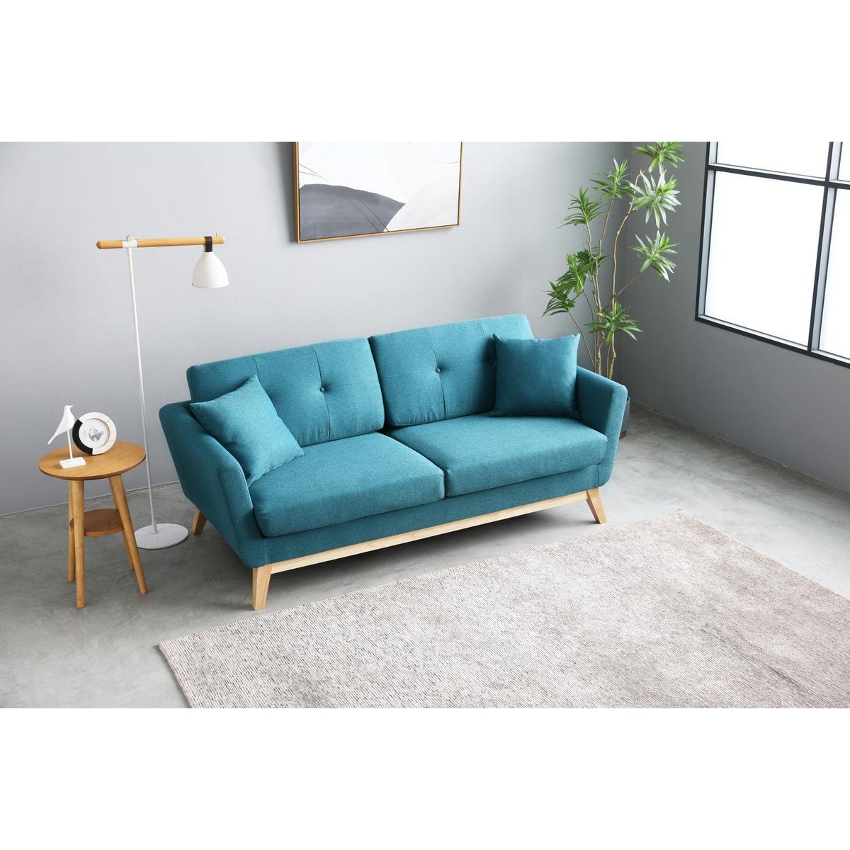 CONCEPT USINE Canapé scandinave 3 places et 2 coussins en tissu bleu canard HOGA
