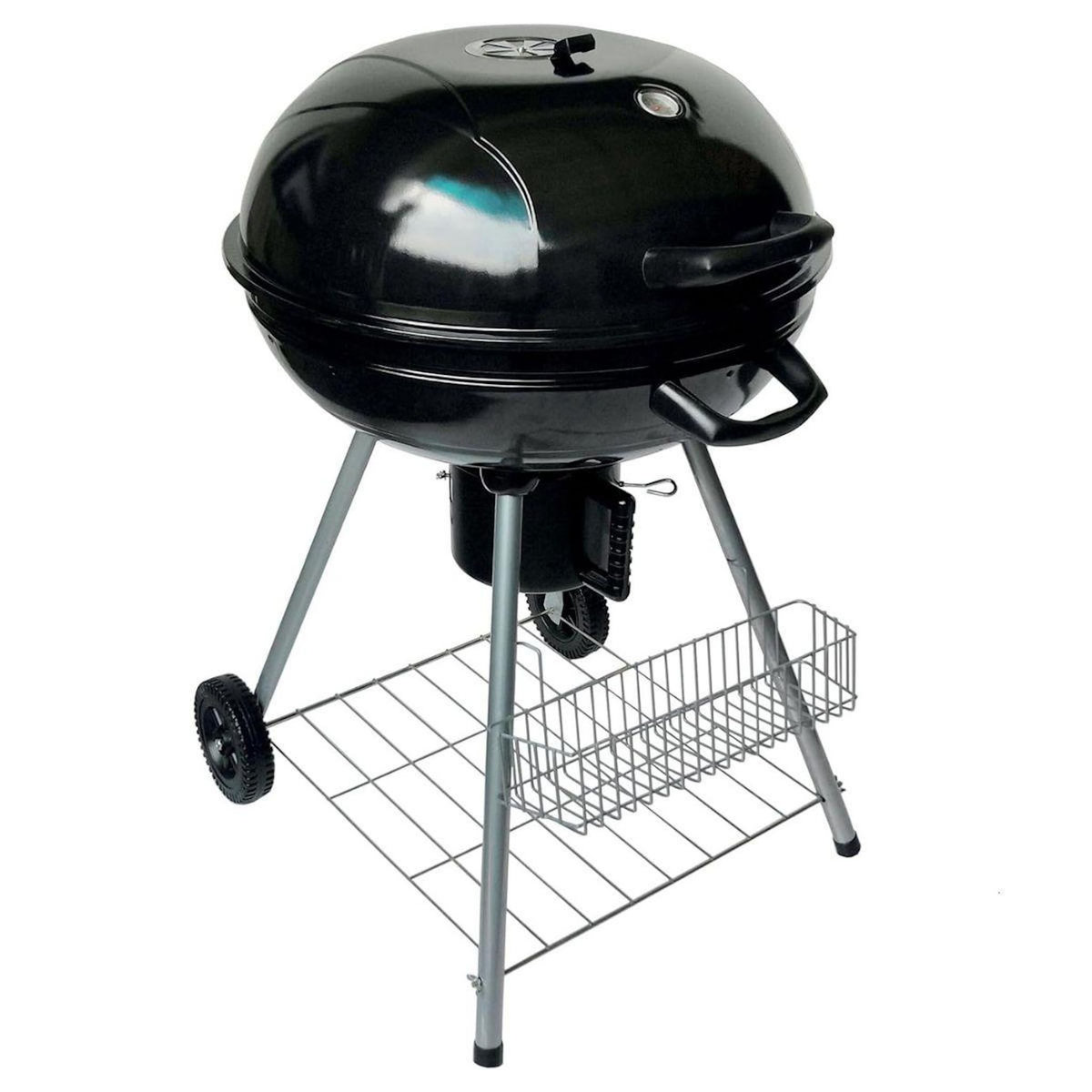 INTEC Barbecue à Charbon de Bois Ø54cm Double Grille Cuisson & Couvercle Thermostat Bac à cendres, Barbecue sur roues avec rangement