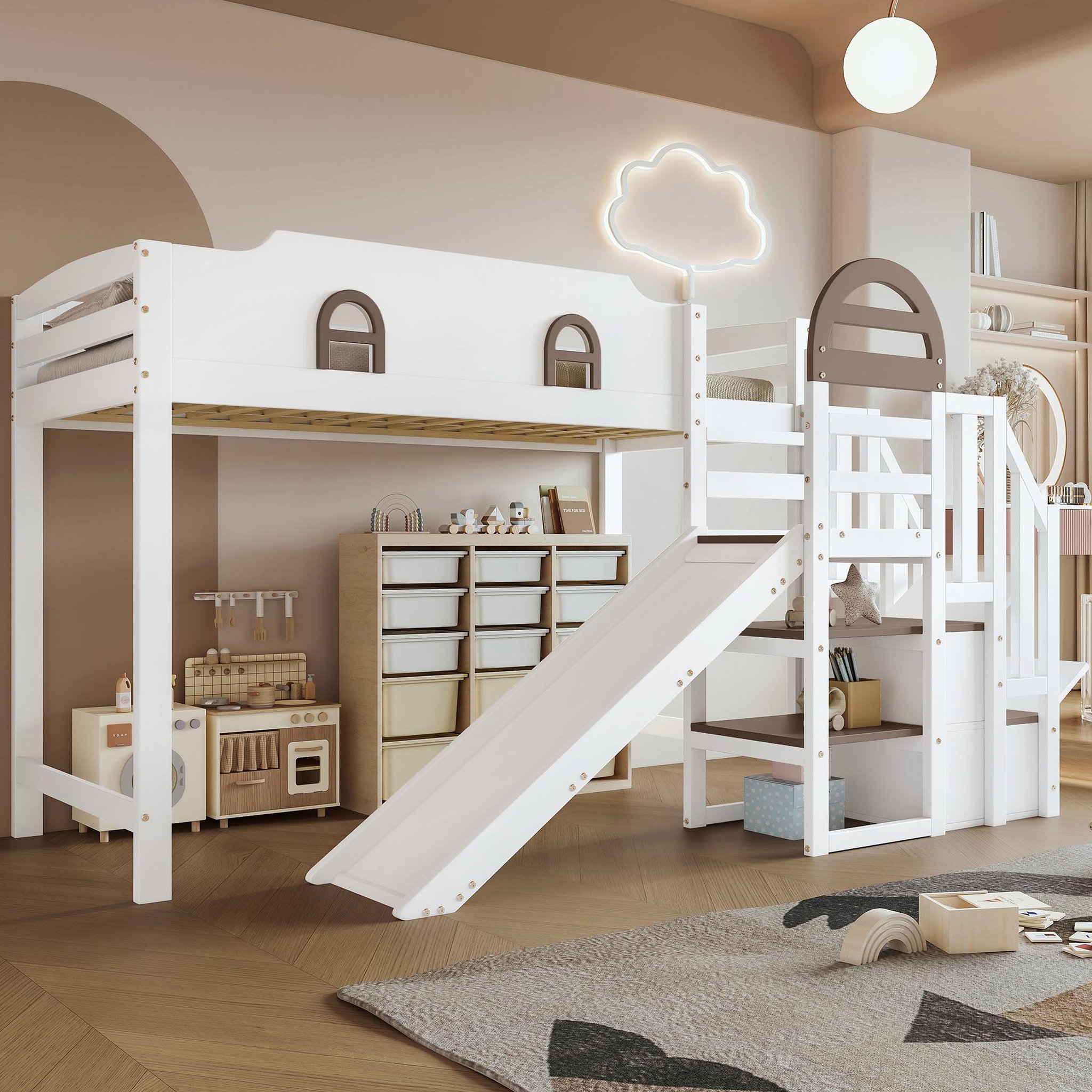 Voir la diapositive 4 : MERAX Lit combiné enfant 90x200cm coloris blanc pin et mdf