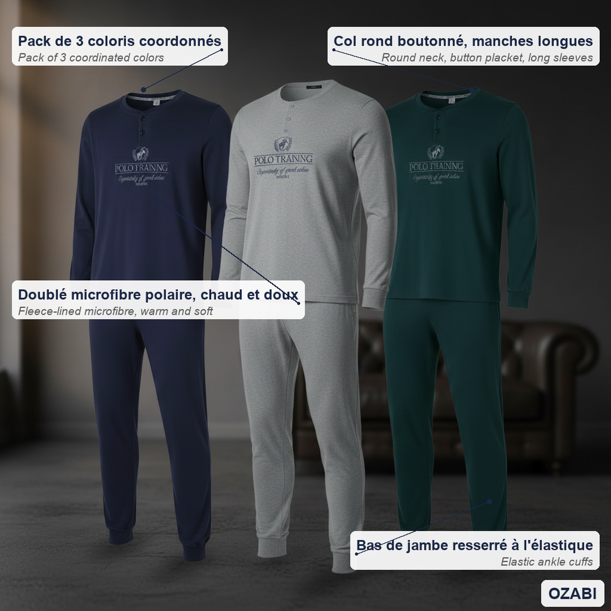 Voir la diapositive 5 : OZABI Ozabi ensemble pyjama homme doublé polaire pack de 3 coloris assortis