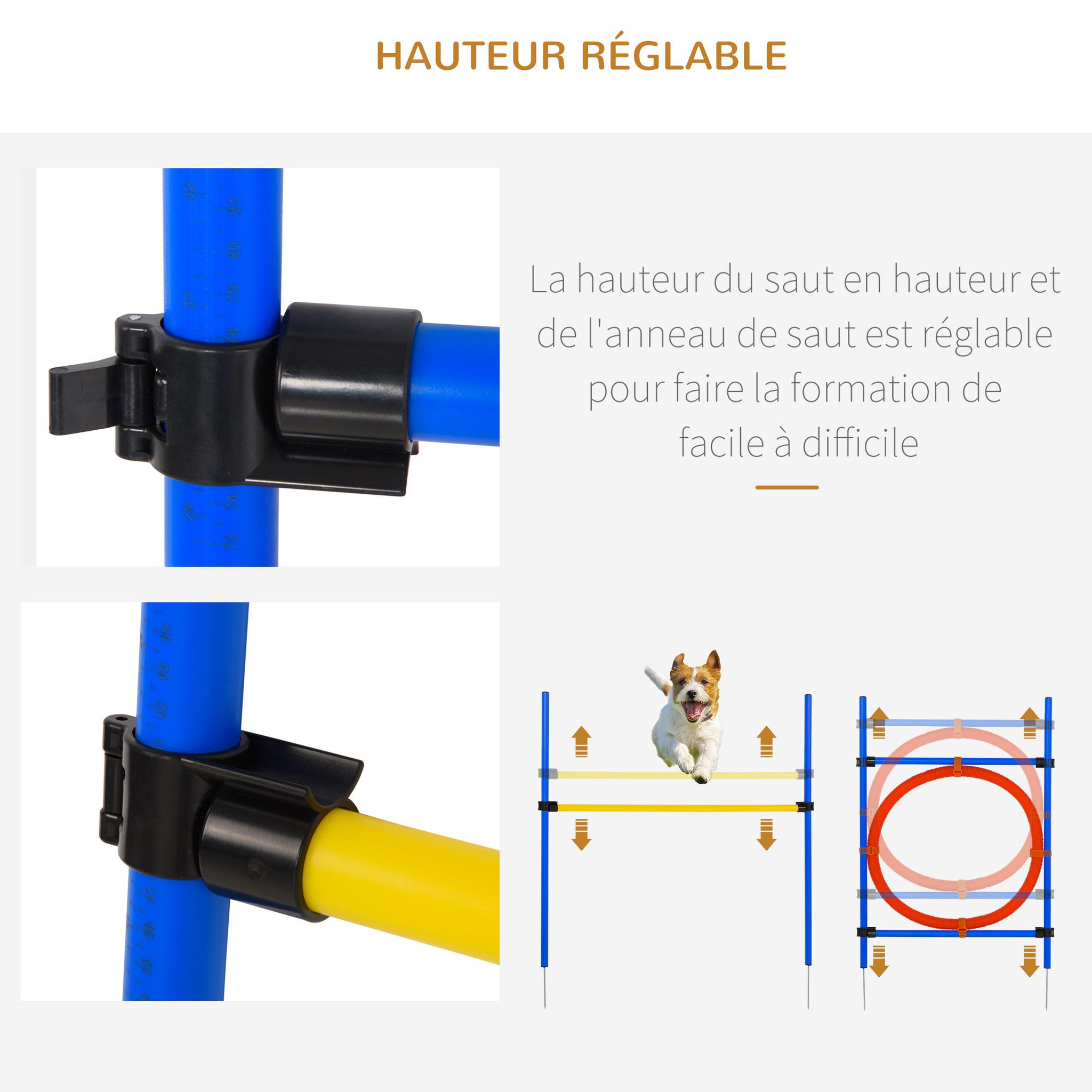 Voir la diapositive 5 : PAWHUT Agility sport pour chiens équipement complet : 6 poteaux slalom, obstacle, anneau + sac de transport bleu jaune rouge
