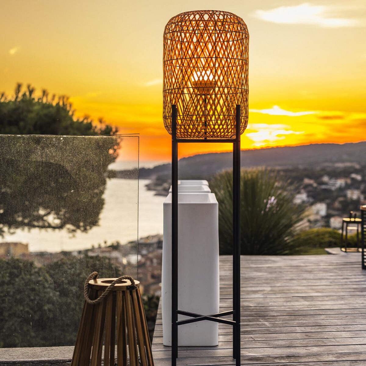 Lumisky Lampadaire sans fil STANLEY Beige Poly rotin H150cm