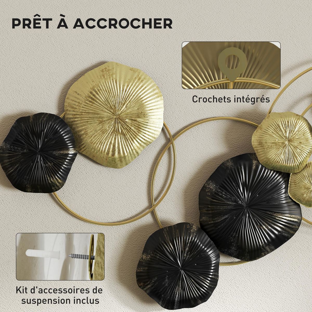 HOMCOM Décoration murale métal - décoration murale design feuilles de lotus - dim. 84 x 35 cm - doré noir