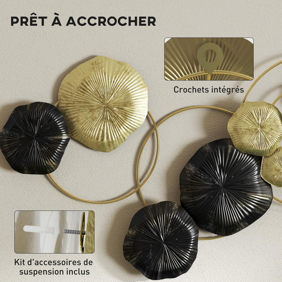 HOMCOM Décoration murale métal - décoration murale design feuilles de lotus - dim. 84 x 35 cm - doré noir