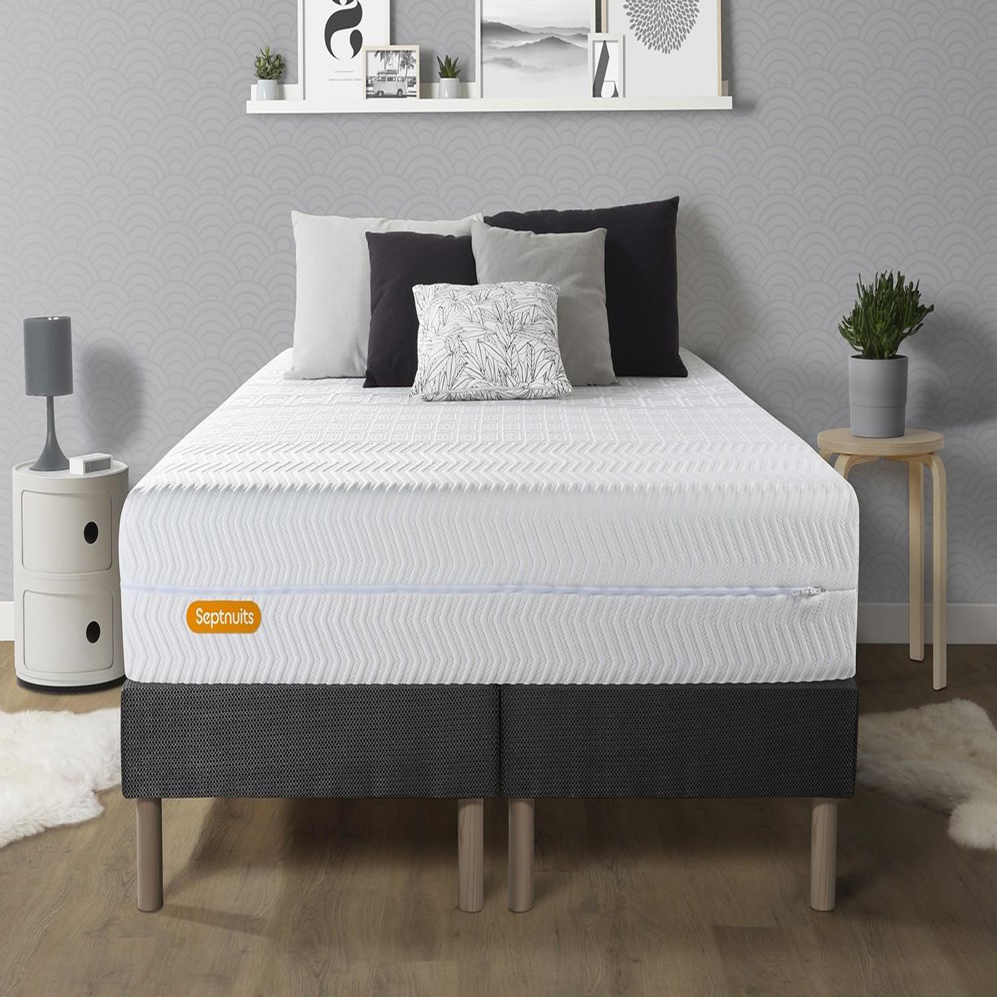 SEPTNUITS Matelas + double sommiers Memo Bio Mousse à mémoire de forme 5 zones de confort Maxi épaisseur Déhoussable. Coloris disponibles : Gris