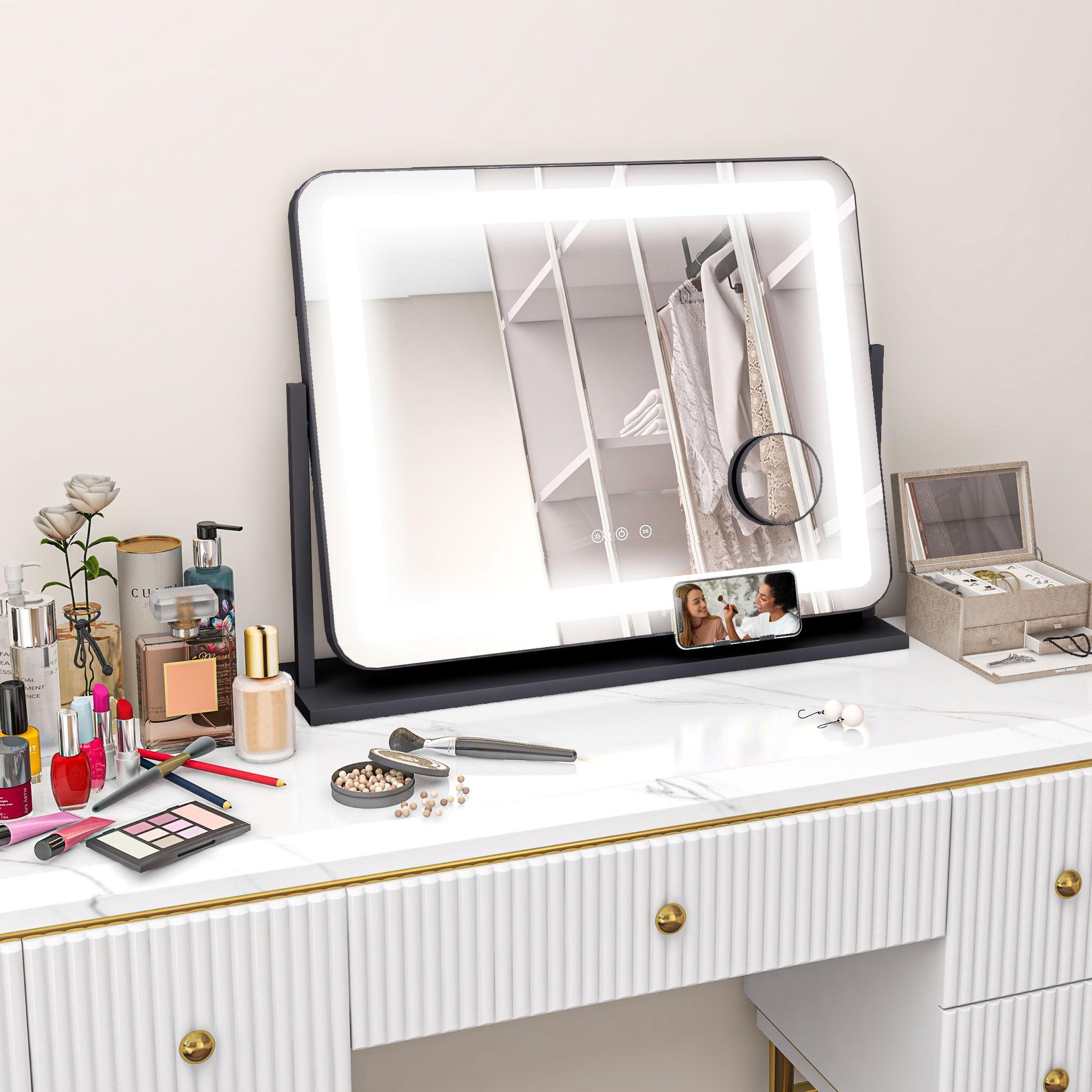 Voir la diapositive 4 : HOMCOM Miroir lumineux led 3 modes d'éclairage grossissement 10x rotation à 360° port charge usb