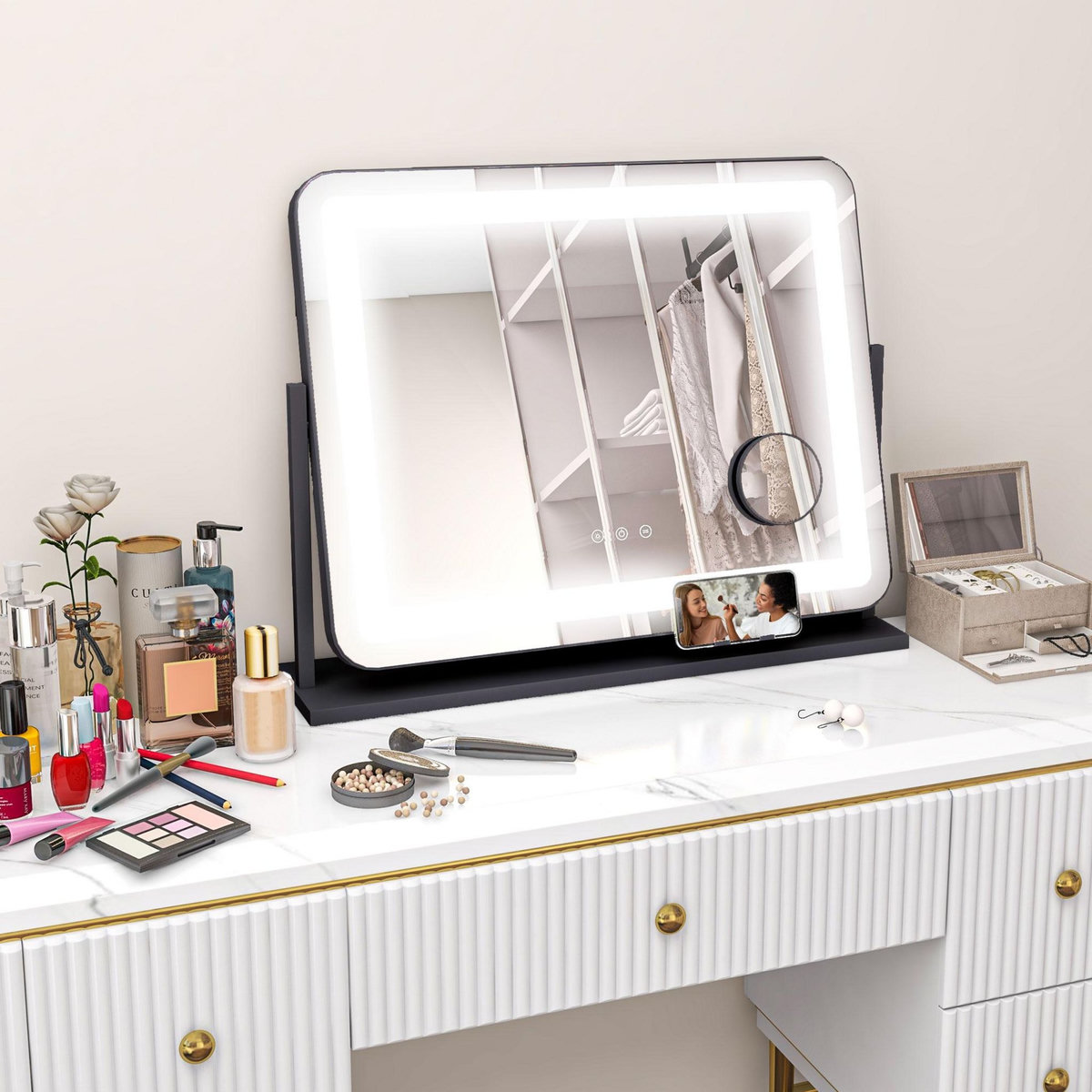 HOMCOM Miroir lumineux LED 3 modes d'éclairage grossissement 10X rotation à 360° port charge USB