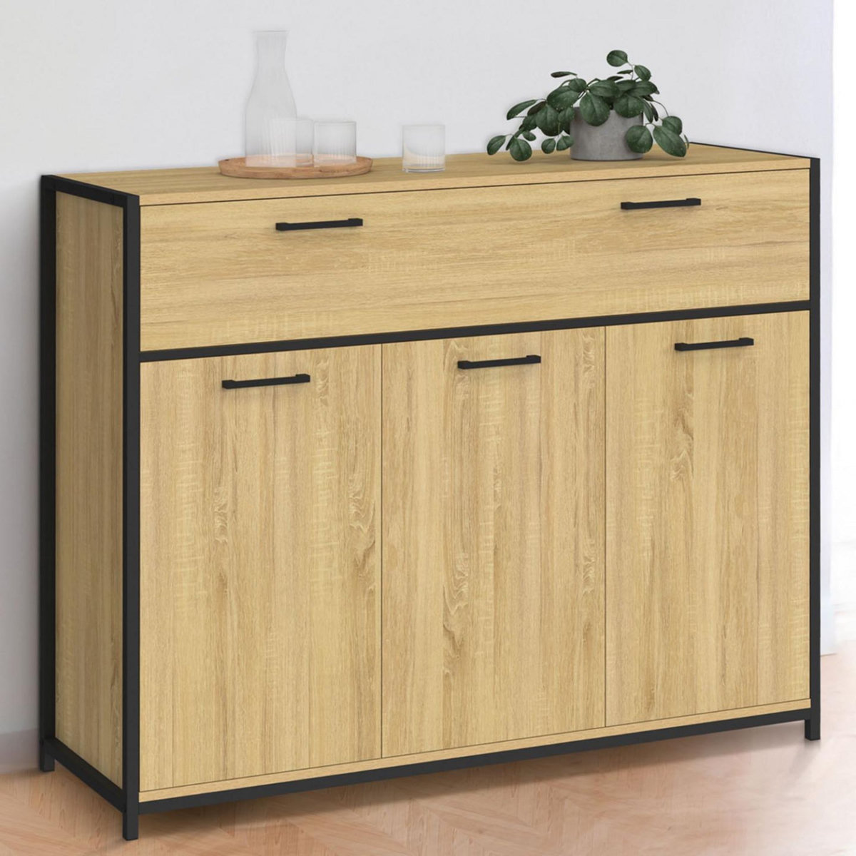 ID MARKET Buffet 100 cm DETROIT 3 portes et 1 tiroir design industriel