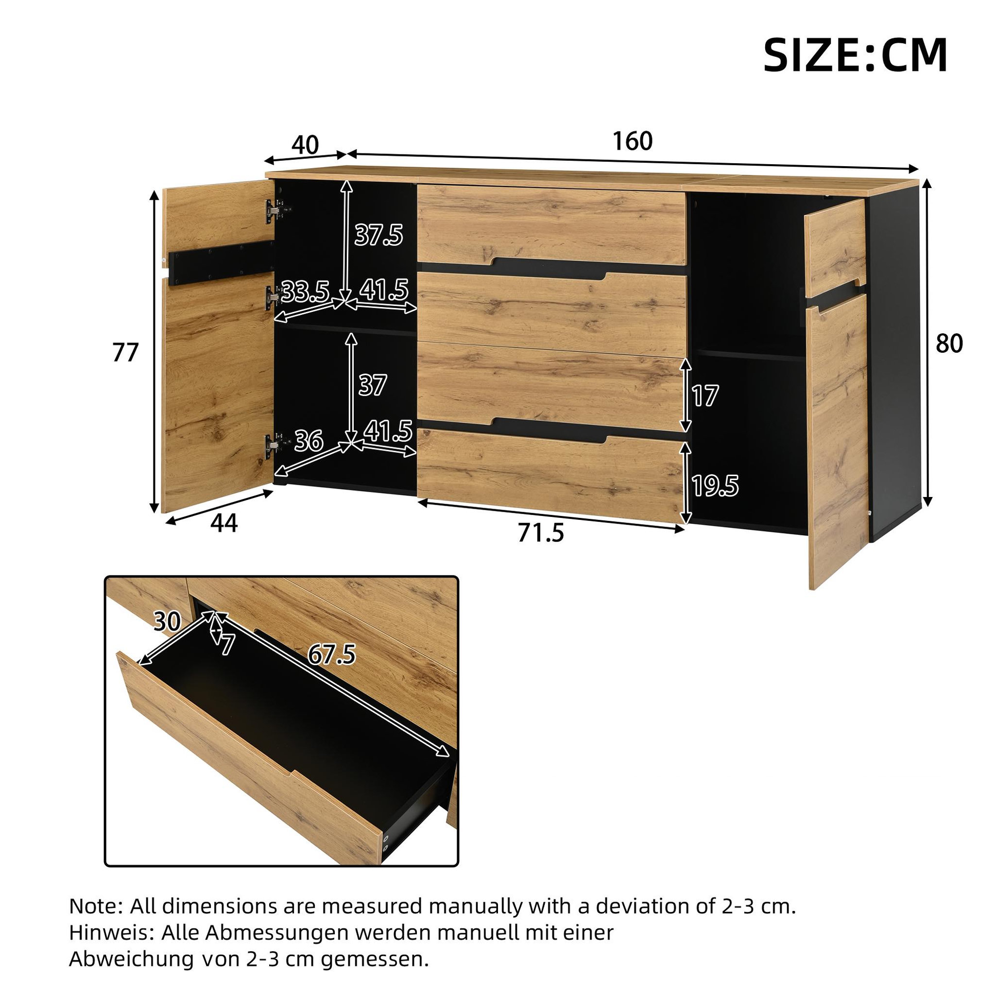 Voir la diapositive 3 : MERAX Buffet 2 porte(s) 4 tiroir(s) - 160 cm naturel+noir panneau de particules