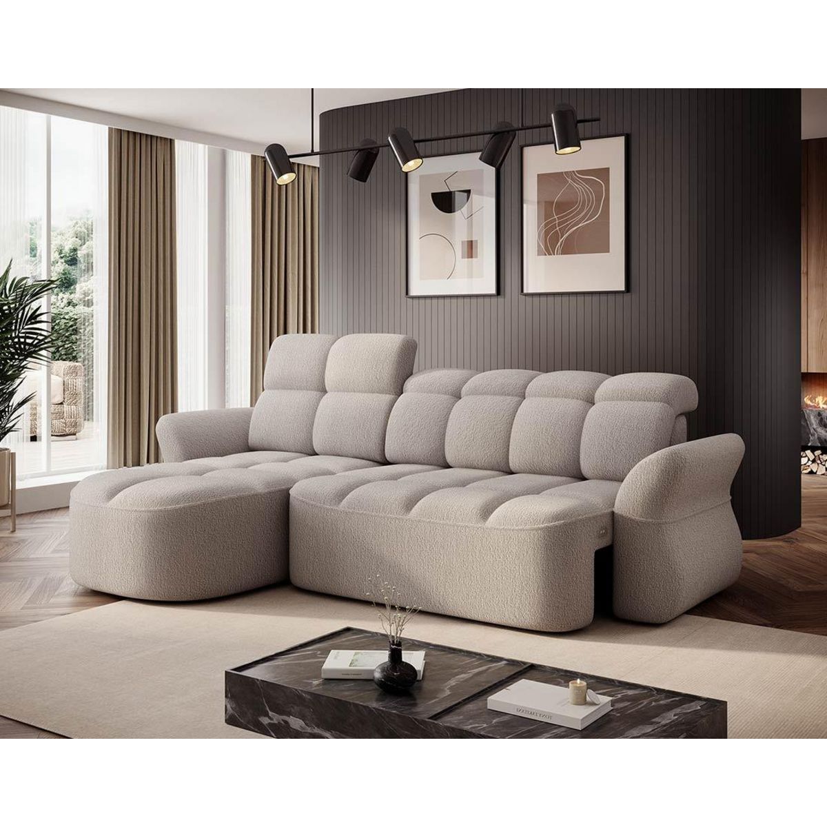 BEST MOBILIER Brume - canapé d'angle gauche 4 places convertible électrique avec coffre et têtières réglables en tissu bouclette