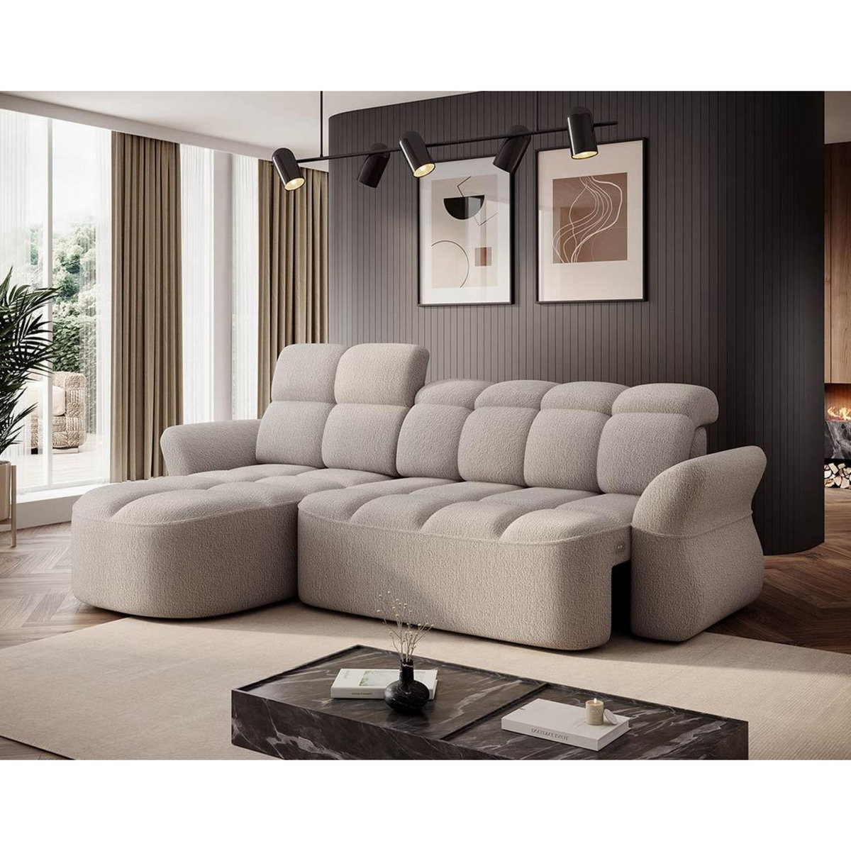 BEST MOBILIER Brume - canapé d'angle gauche 4 places convertible électrique avec coffre et têtières réglables en tissu bouclette