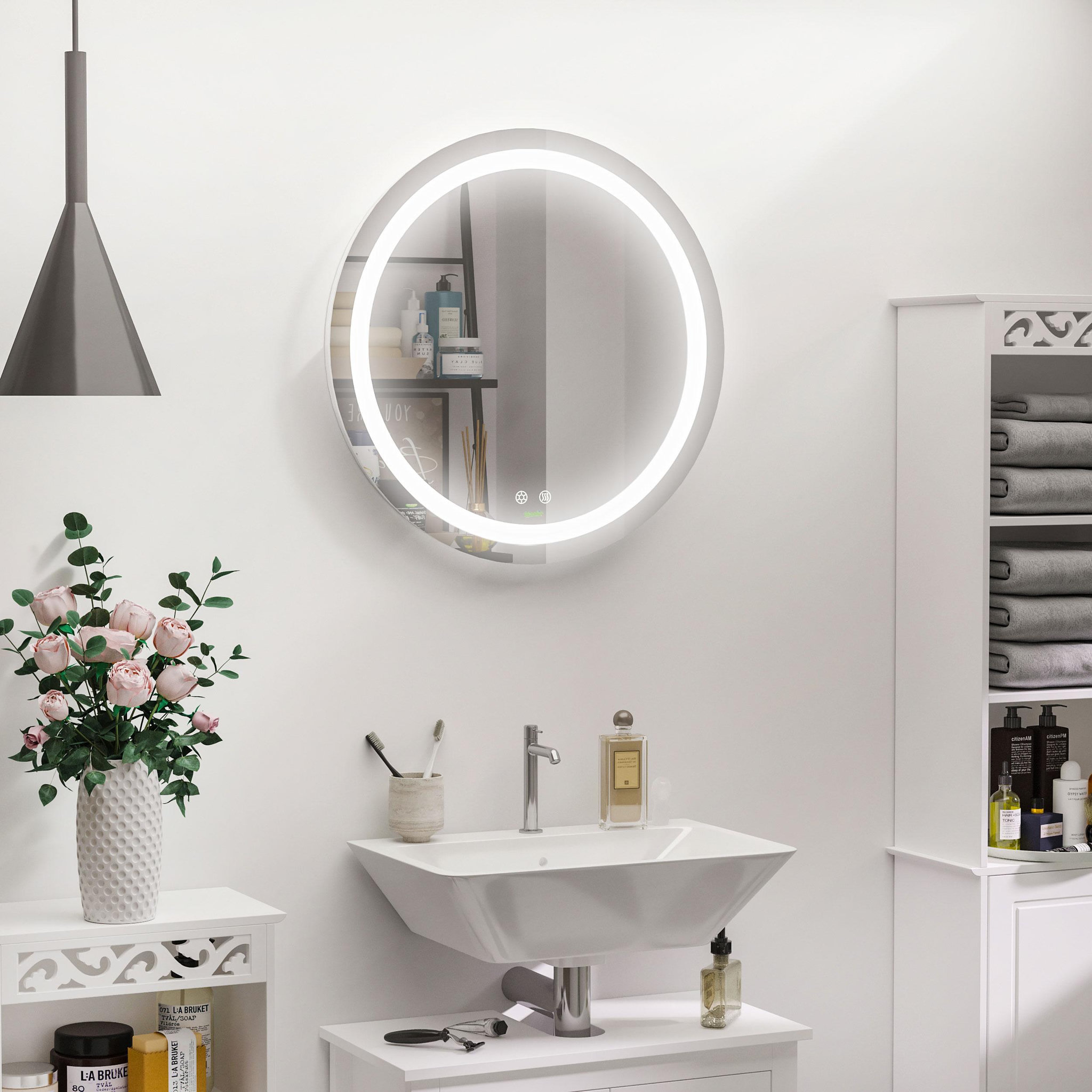 Voir la diapositive 2 : KLEANKIN Miroir salle de bain lumineux LED 35 W - dim. Ø 60 x 4H cm - fonction anti-buée, interrupteur tactile, luminosité réglable - alu. verre