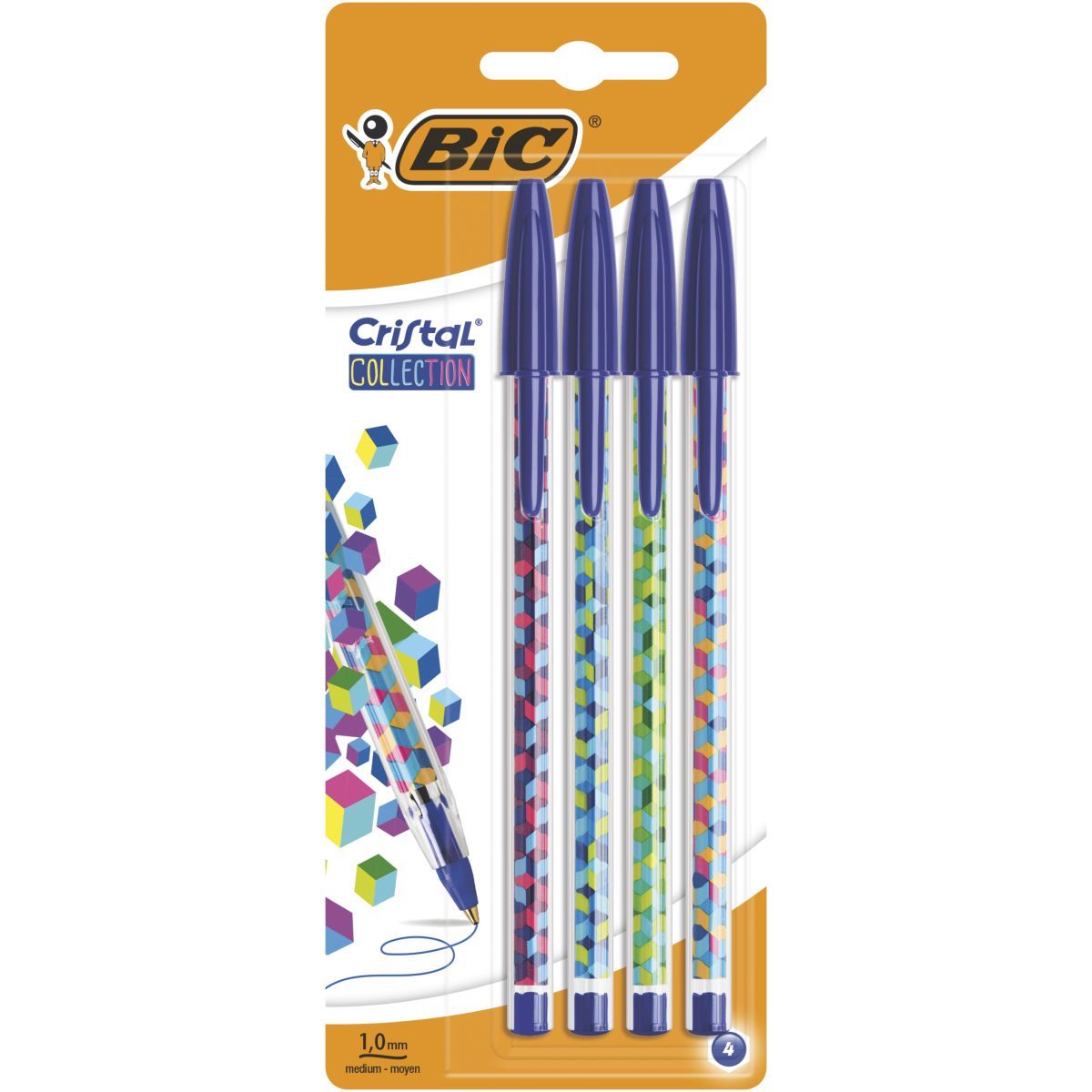 BIC Lot de 4 stylos bille pointe moyenne bleu CRISTAL COLLECTION