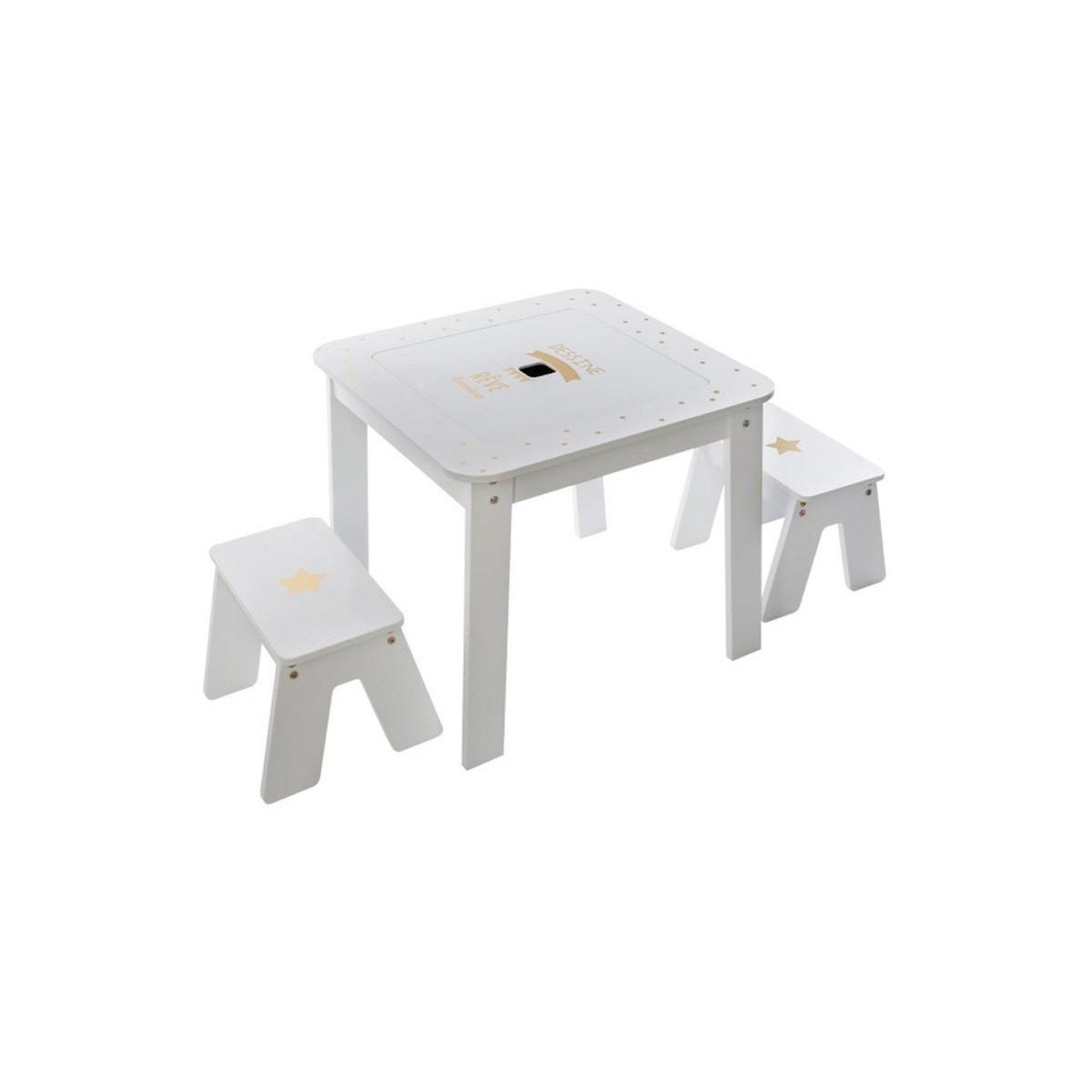 Voir la diapositive 1 : Atmosphera Kids Table enfant & 2 tabourets  bac  57cm or