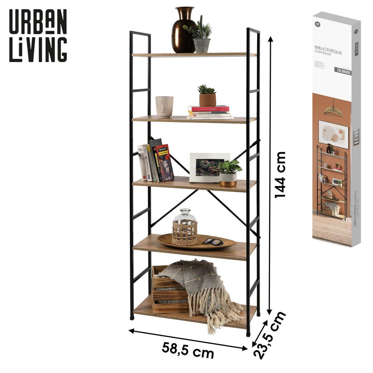 TOILINUX Etagère droite large 5 niveaux Colorado H.48 en Métal et MDF - Beige et Noir