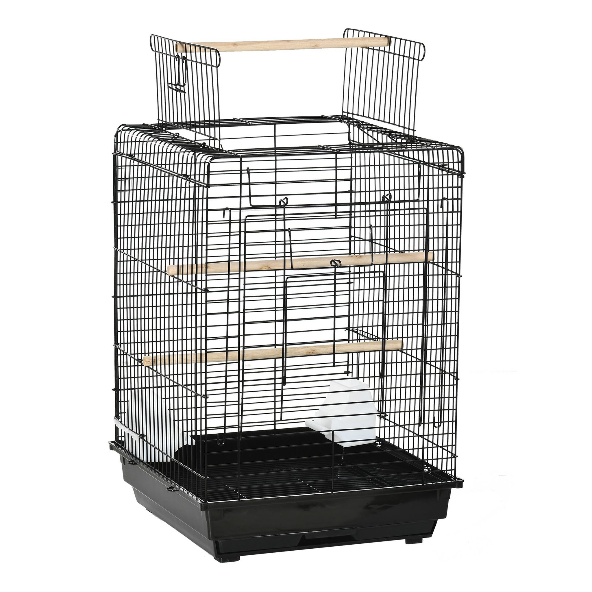 PAWHUT Cage à oiseaux 2 mangeoires 2 perchoirs toit ouvrant plateau excrément amovible poignée transport métal PS noir