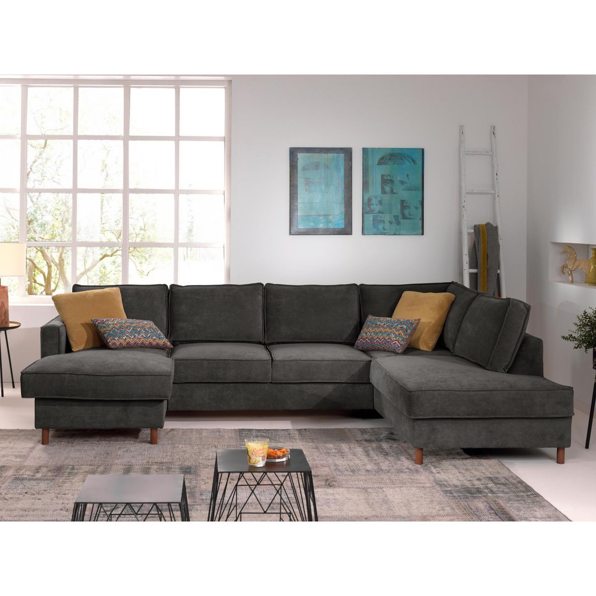 LISA DESIGN Jake - canapé panoramique d'angle droit - convertible avec coffre - 7 places - en velours côtelé