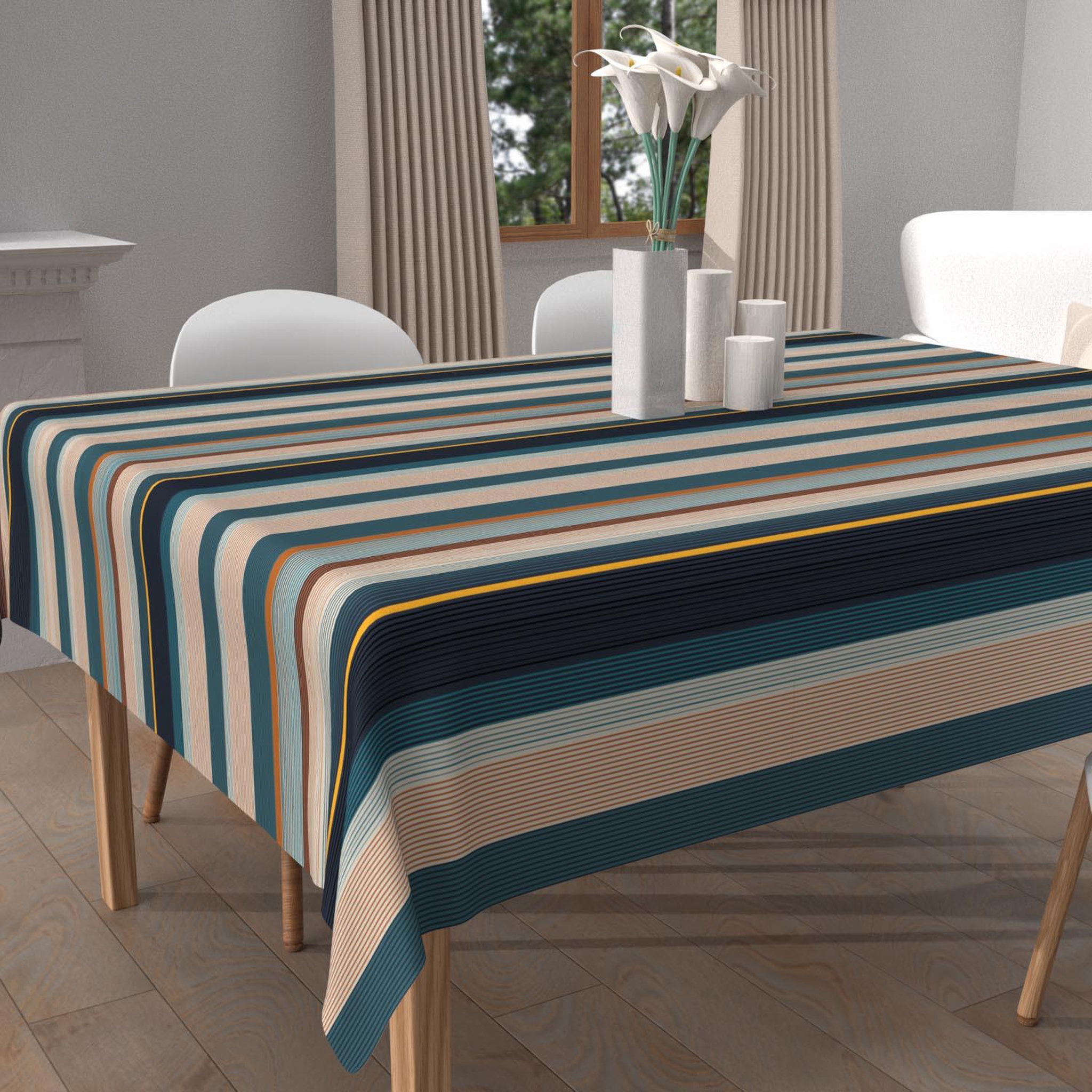 SOLEIL D'OCRE Nappe imprimée anti-tâches BAYADERES, par Soleil d'Ocre. Coloris disponibles : Vert, Bleu