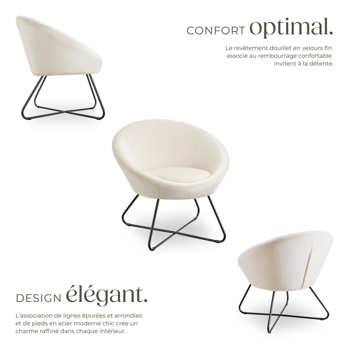 tectake Fauteuil cocktail rembourré avec revêtement en velours Aspect velours beige