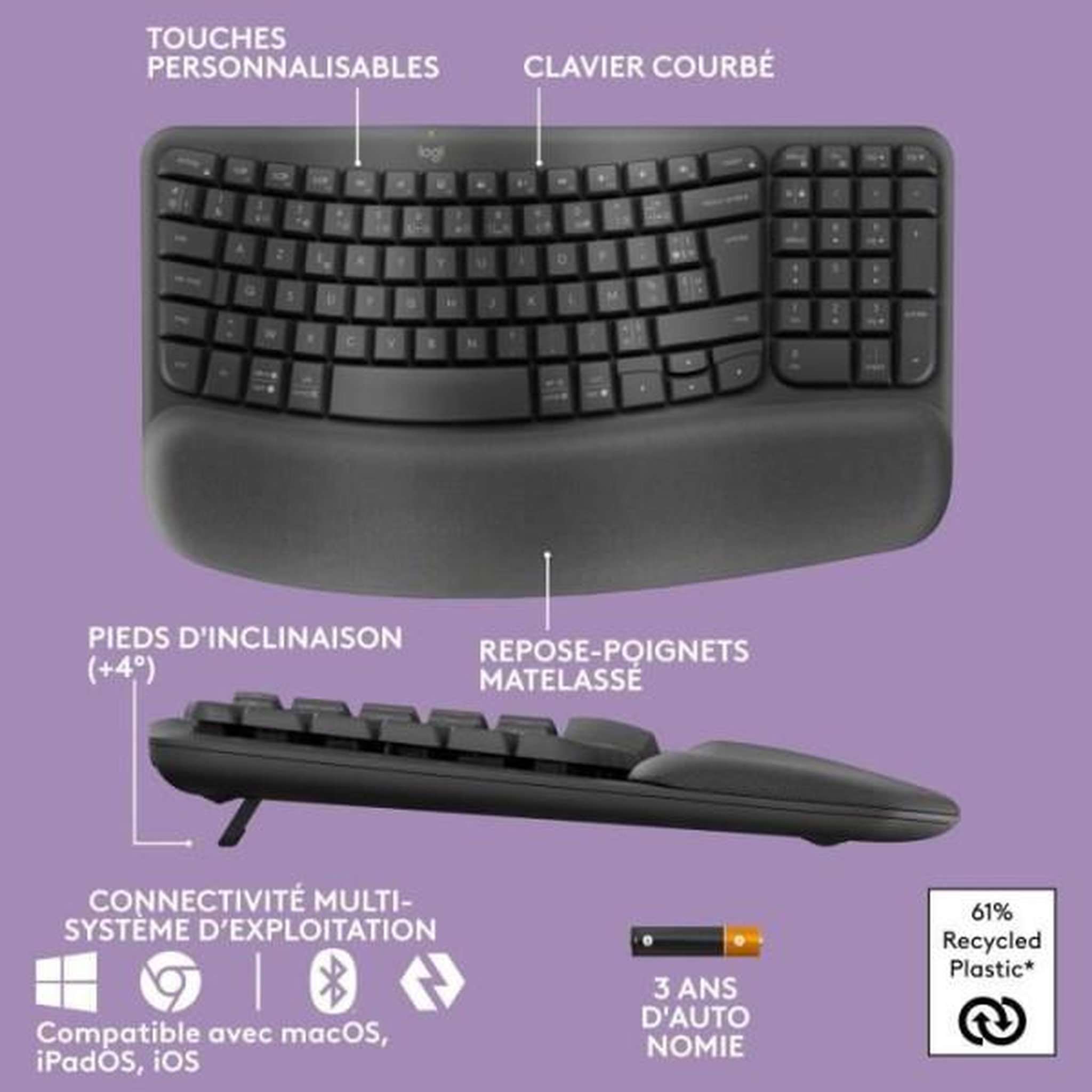 Voir la diapositive 6 : Logitech Clavier sans fil Wave Keys ergonomique +  repose poignets