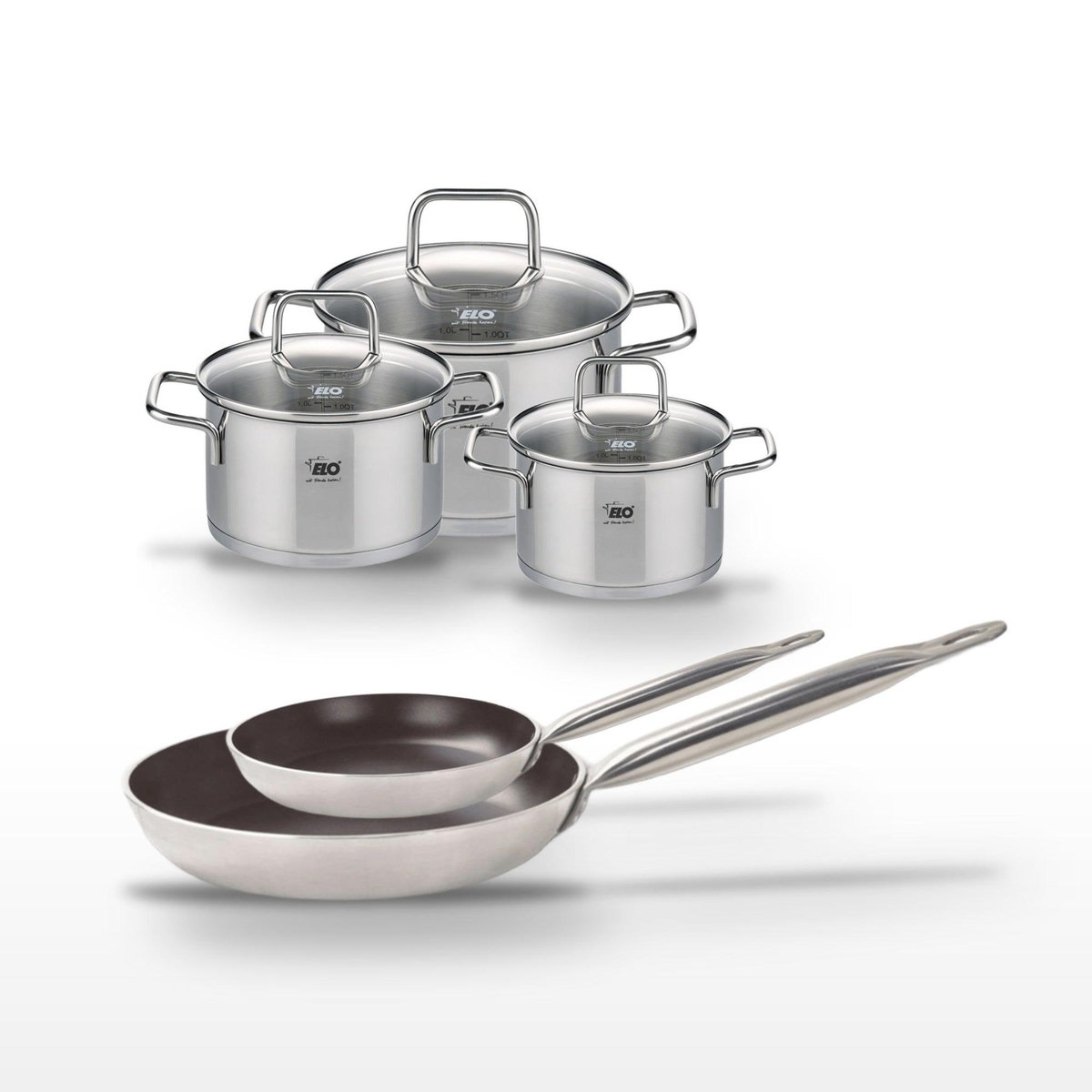 ELO Lot 2 Poêles 24/32 cm avec revêtement céramique sans PFAS et 3 Faitouts 14/16/20 cm Elo Bistro Line Citrin