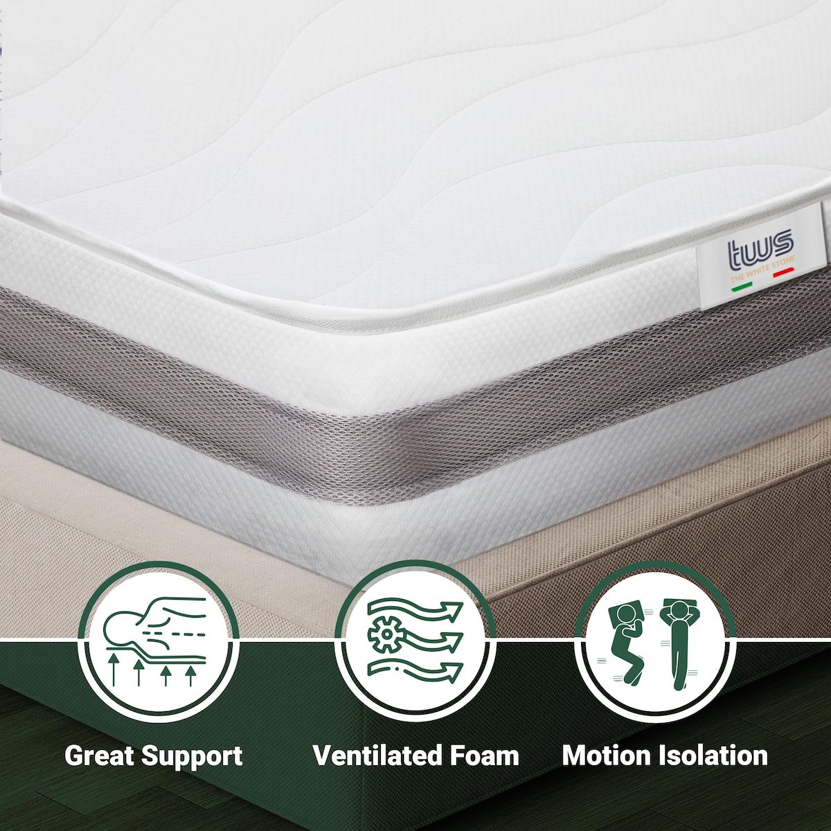 THE WHITE STONE Matelas 70 x 140 Orthopédique Antibactérienne | Hauteur 16 cm | Revêtement 3D Air en Fibre Hypoallergénique