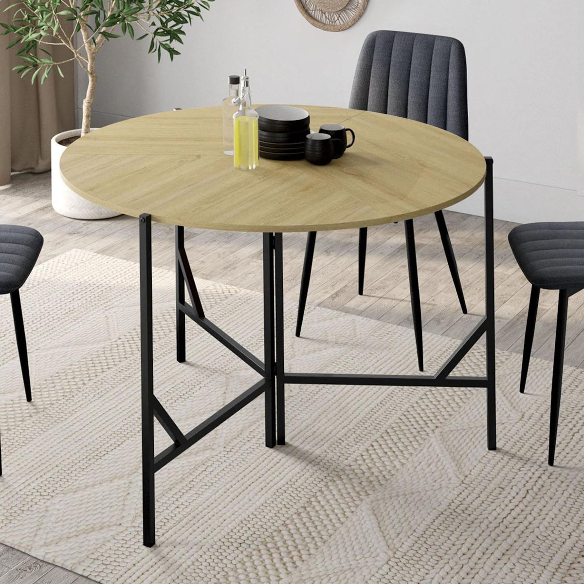 ID MARKET Table à manger pliante ronde YAEL 4 personnes bois et noir design industriel 110 cm