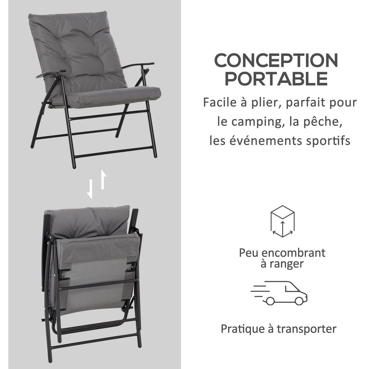 OUTSUNNY Chaise de camping pêche pliable portable haut dossier inclinable épais coussin matelassé inclus gris