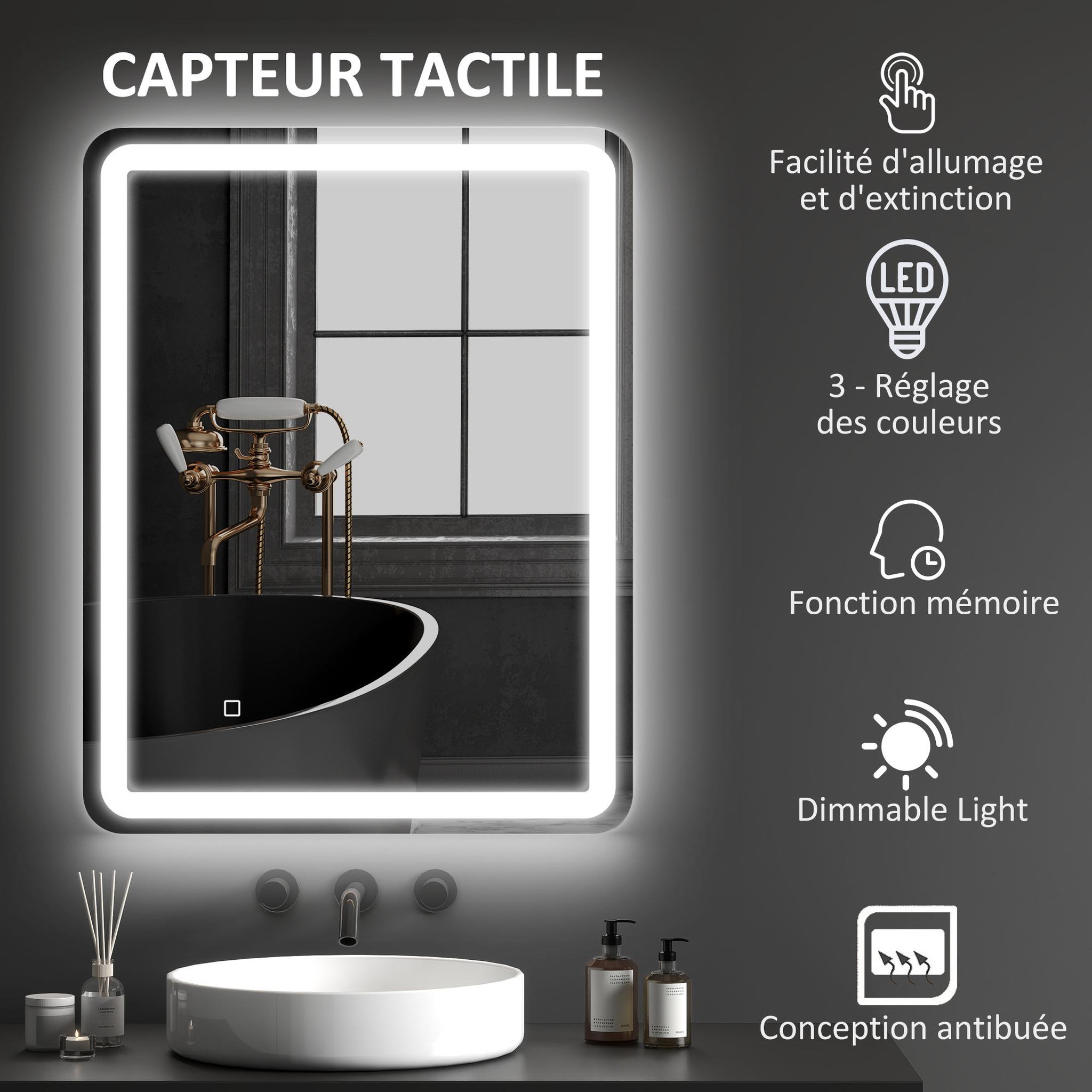 Voir la diapositive 4 : KLEANKIN Miroir lumineux led salle de bain 70 x 90 cm lumière réglable 3 couleurs fonction anti-buée et mémoire