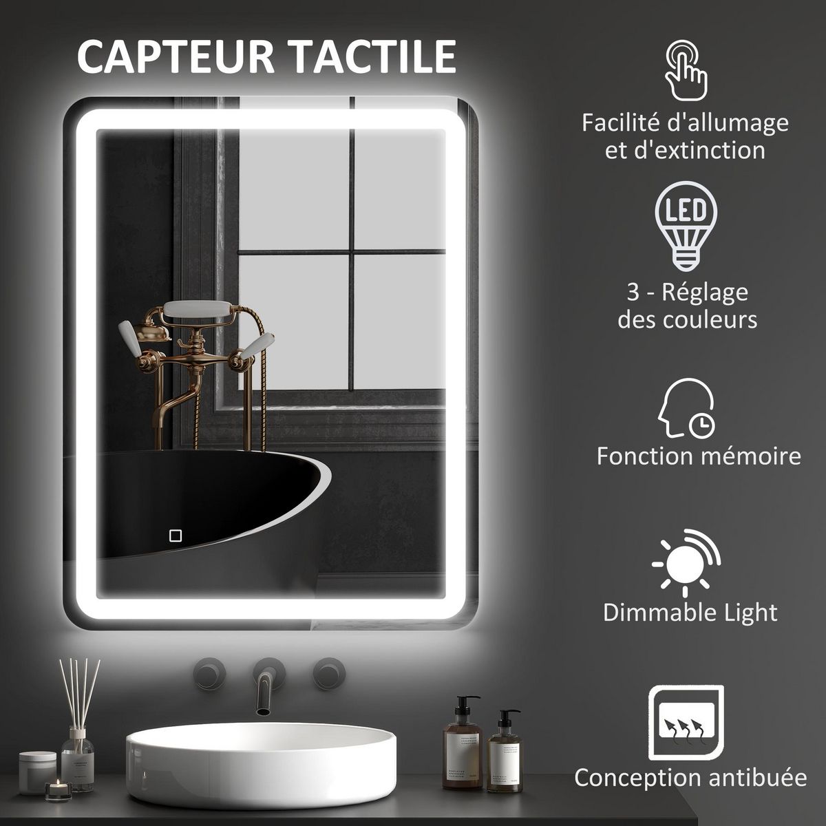 KLEANKIN Miroir lumineux LED salle de bain 70 x 90 cm lumière réglable 3 couleurs fonction anti-buée et mémoire