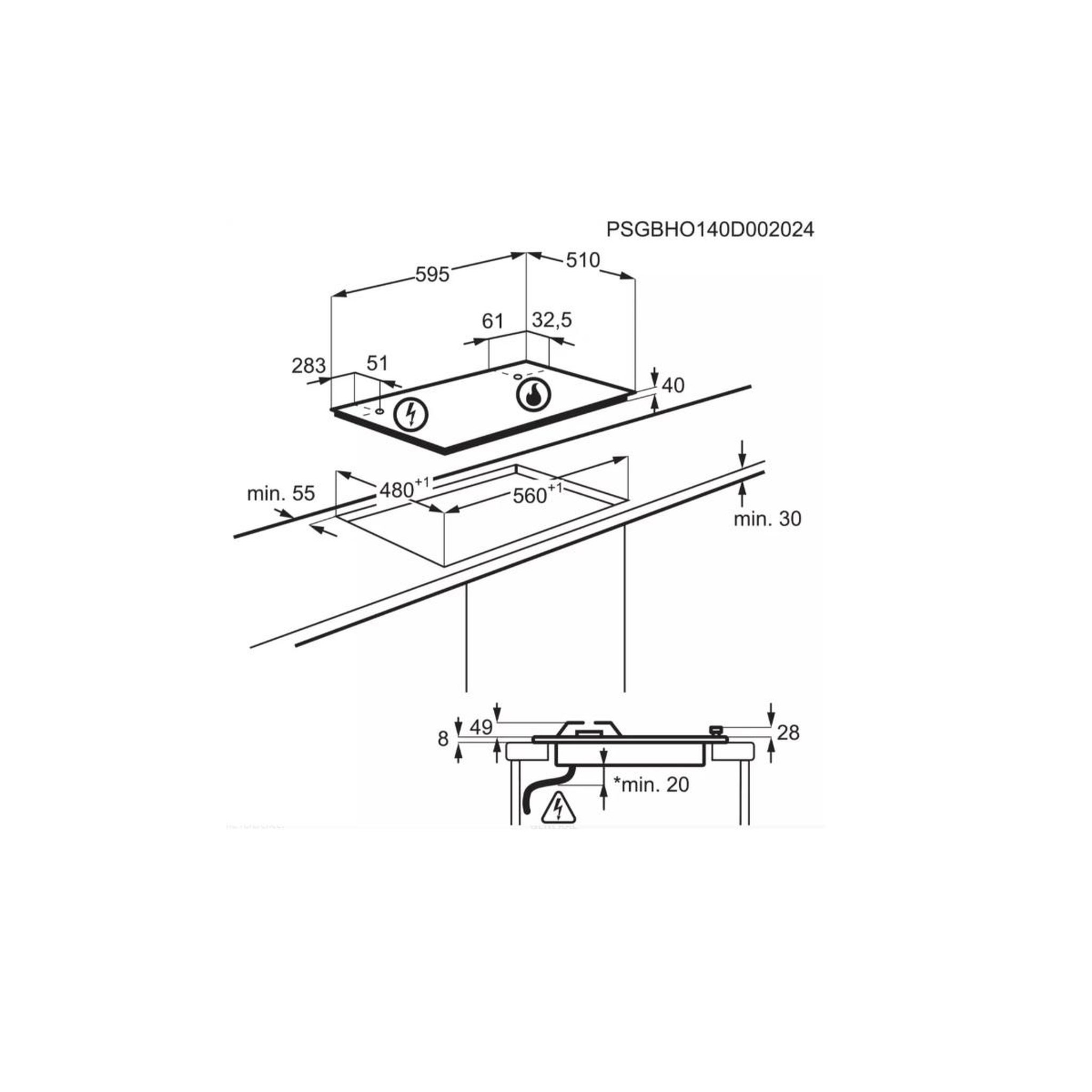 Voir la diapositive 3 : ELECTROLUX Table de cuisson gaz 60cm 4 feux 7700w noir - kgs6424w