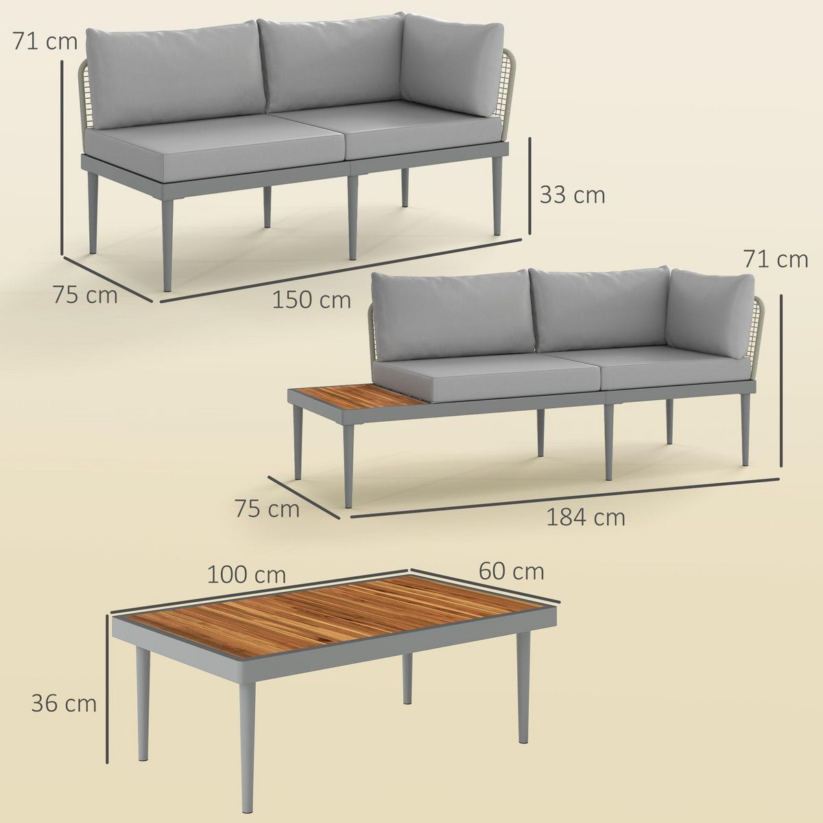OUTSUNNY Salon de jardin design modulable 4 places 3 pièces acier coussins gris étagère plateau bois acacia