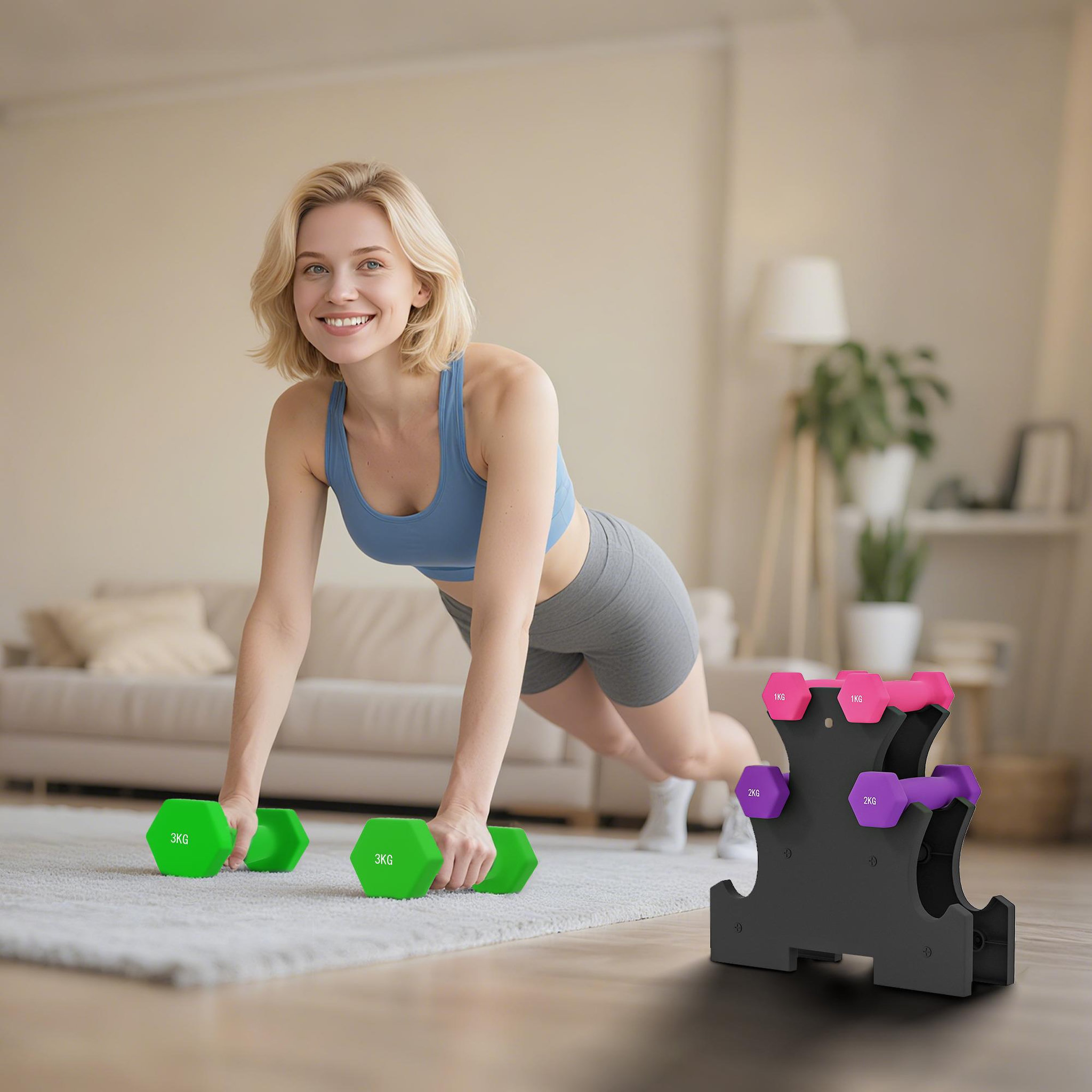 Voir la diapositive 2 : HOMCOM Support noir pour 6 haltères vinyles - 6 haltères incluses total 12 kg - rose mauve vert
