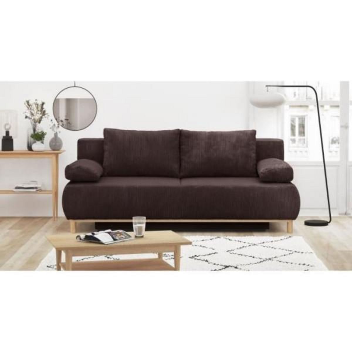 MARKET24 Banquette convertible 3 places MIKA - Velours côtelé marron foncé - Coffre de rangement - L 192 x H 84 x P 93 cm