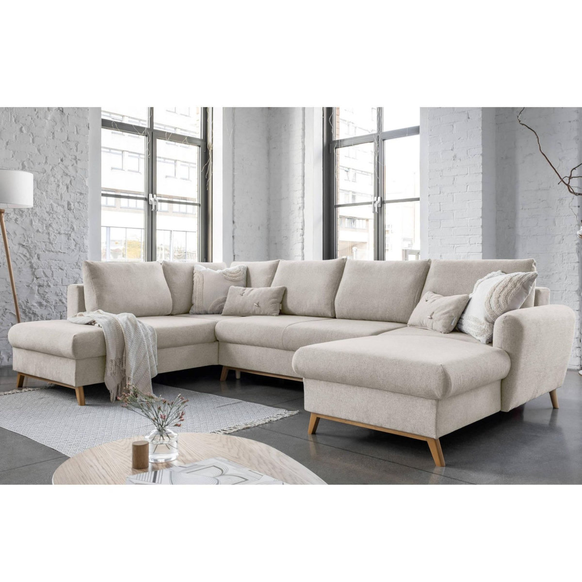 BEST MOBILIER Lagom - canapé d'angle panoramique - convertible - avec coffre - en tissu - 7 places - gauche