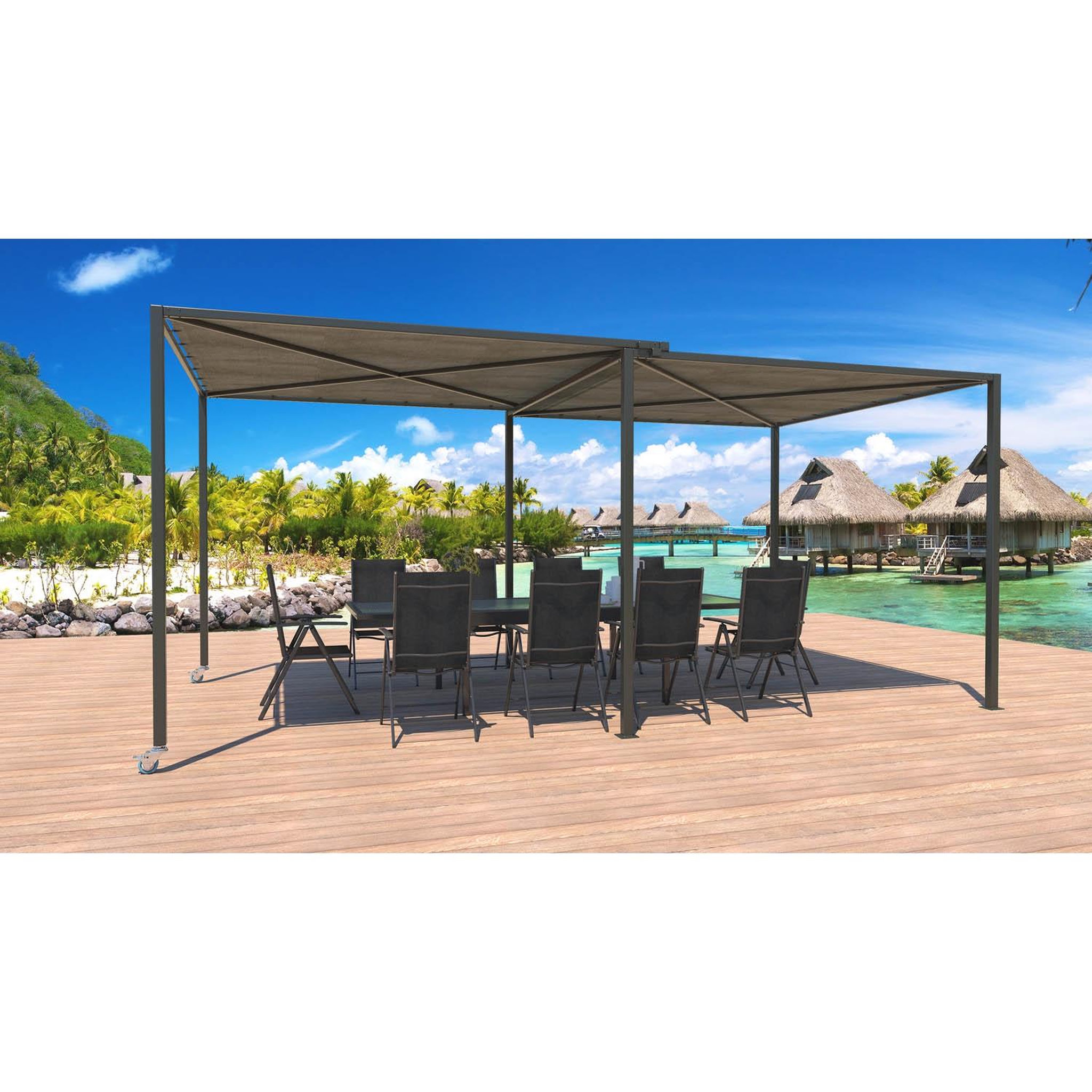 Voir la diapositive 3 : CONCEPT USINE Pergola coulissante avec roues 55 x 25 m gris et taupe gibara