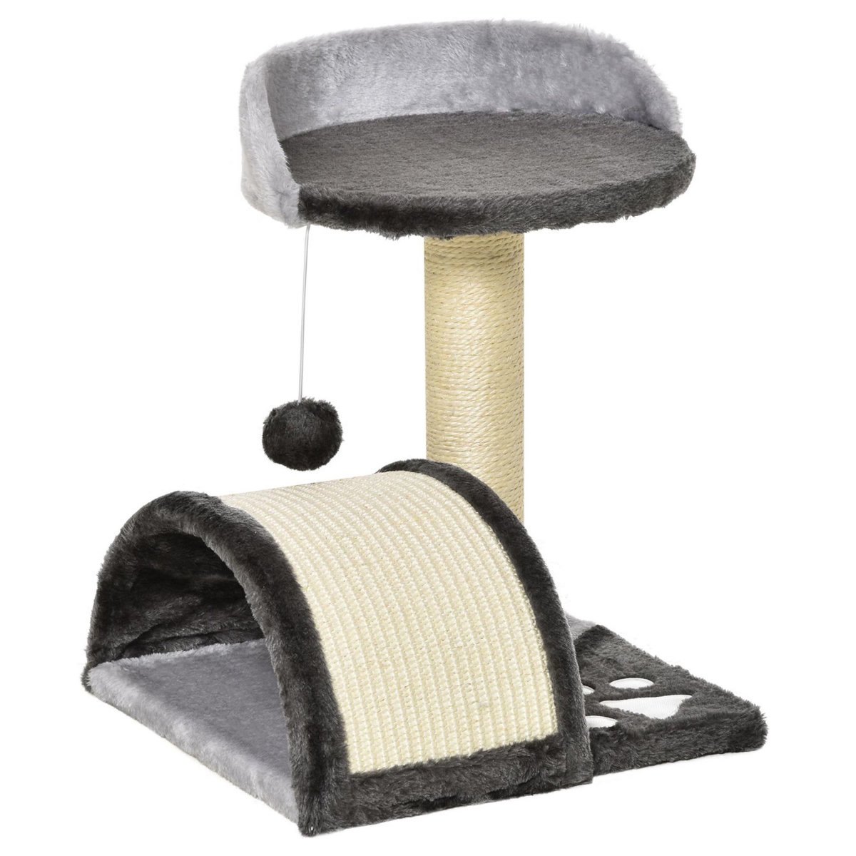 PAWHUT Arbre à chat griffoir grattoir design jeu boule suspendue + plateforme peluche sisal naturel gris