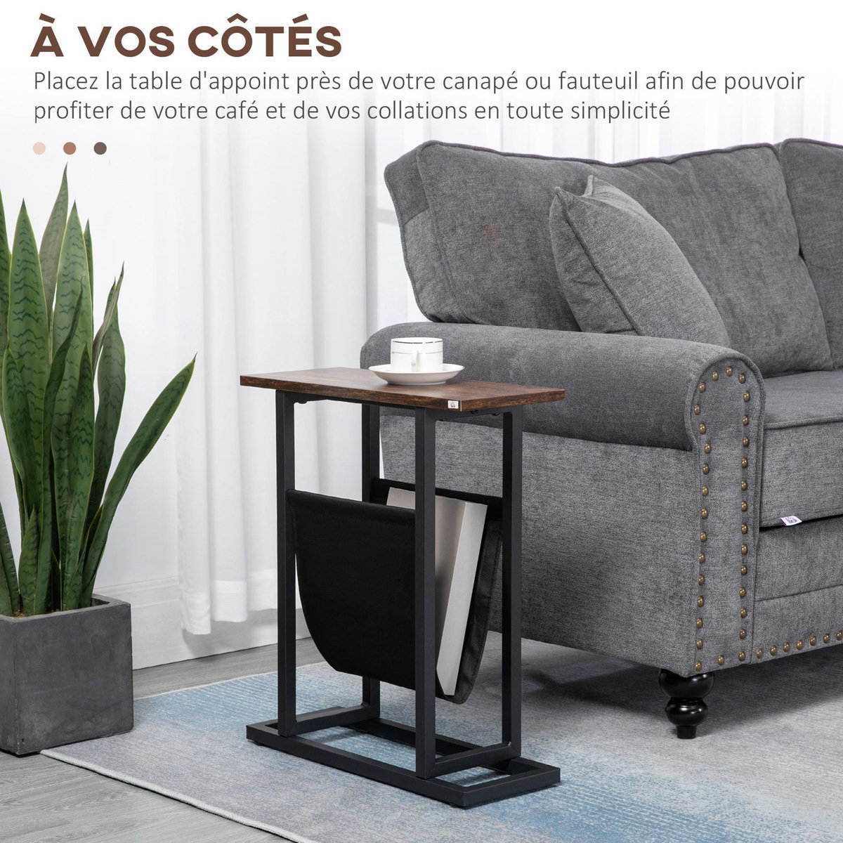 HOMCOM Guéridon bout de canapé table basse d'appoint - porte-revue tissu noir - châssis métal noir plateau aspect bois