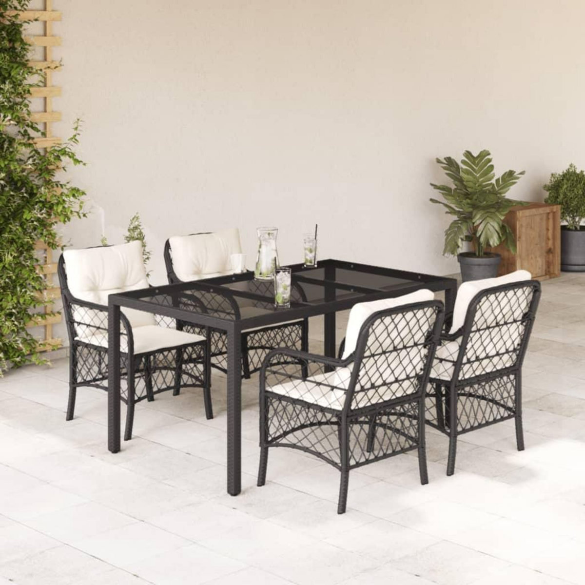 VIDAXL Ensemble a manger de jardin coussins 5pcs Noir Resine tressee
