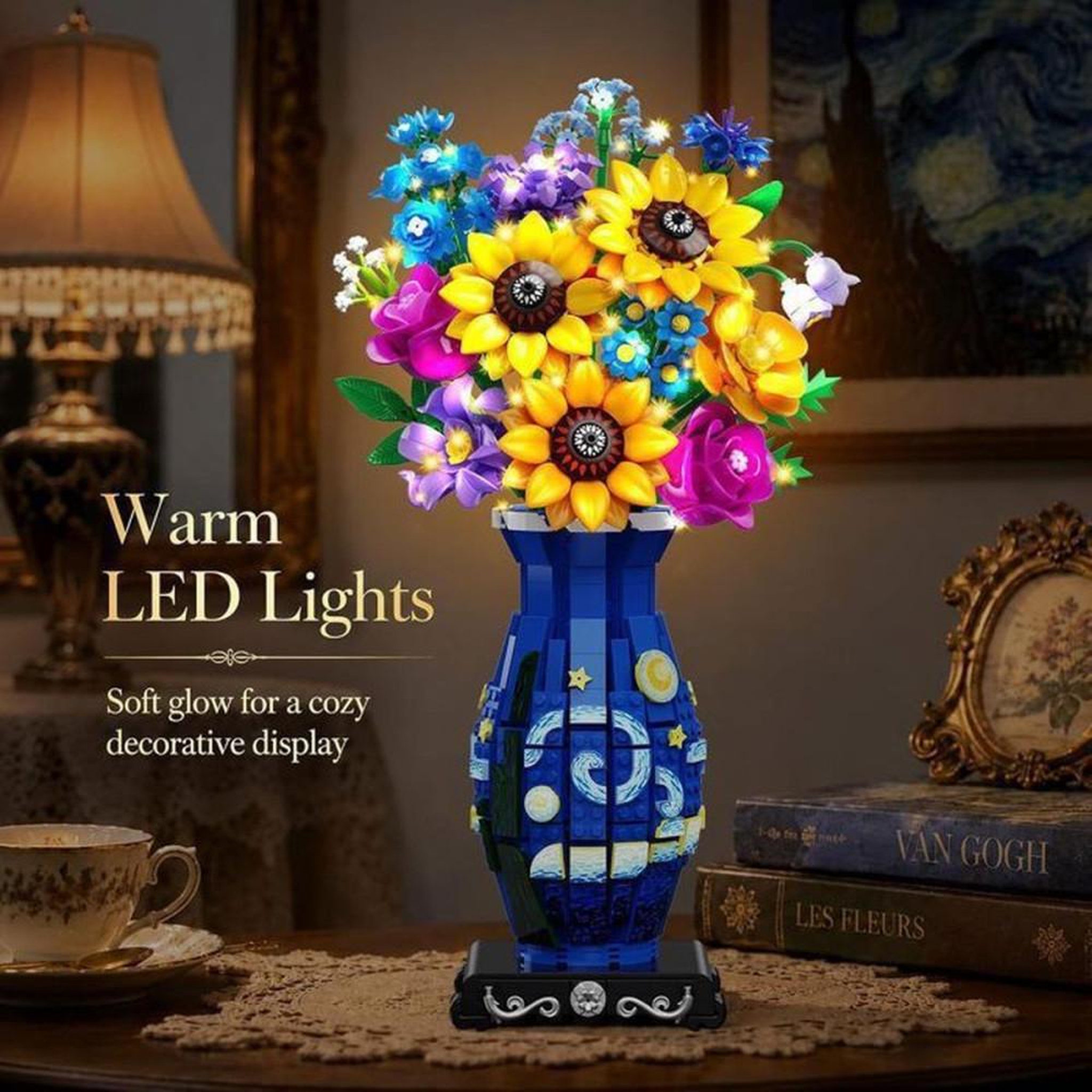 Voir la diapositive 5 : Kit de construction floral avec guirlande LED, vase bleu imprimé, 1331 pièces mini 3,6 mm