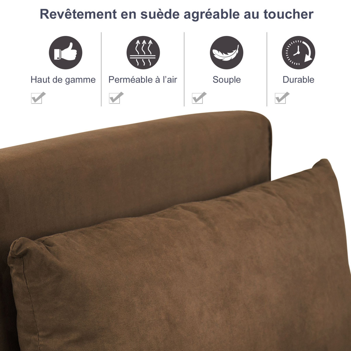 HOMCOM Fauteuil chauffeuse canapé-lit convertible 1 place déhoussable grand confort coussin pieds accoudoirs métal suède marron