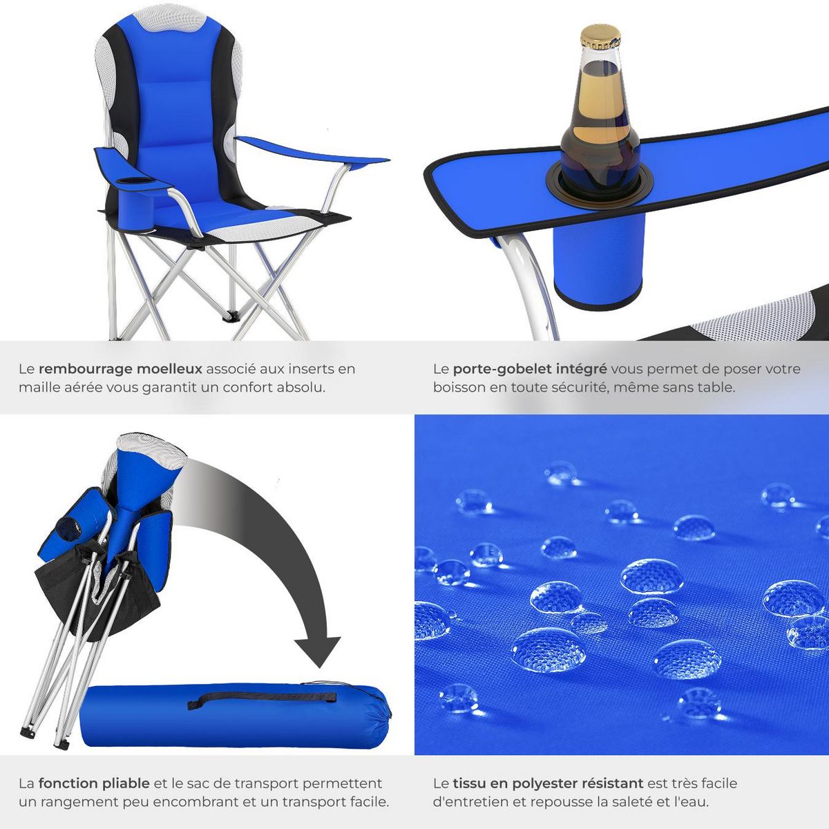 tectake Chaises de camping Pliable, rembourrée bleu ensemble de 4