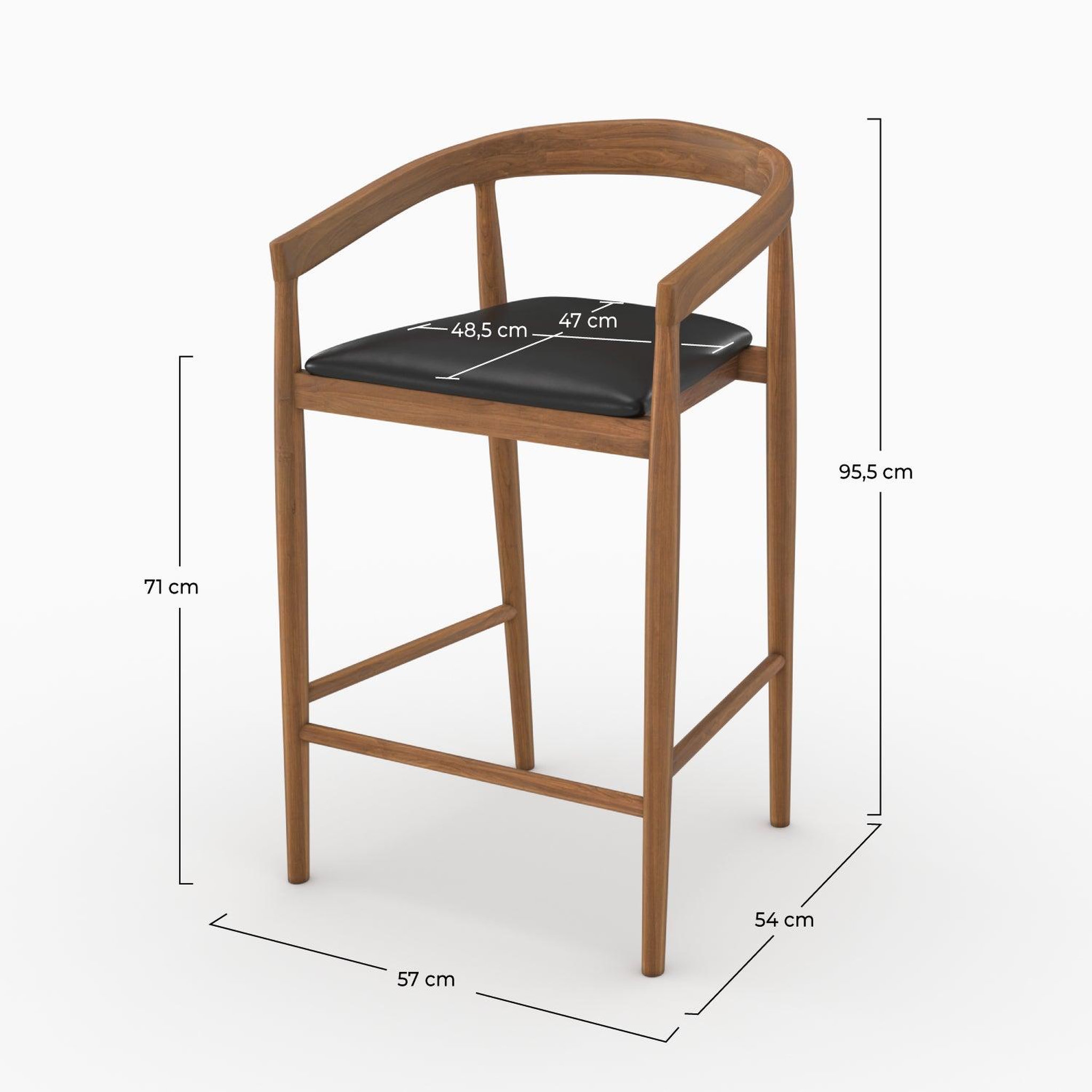 Voir la diapositive 4 : MAISON PAVANE Lot de 2 chaises de bar 77 cm en teck vernis et assise en cuir noir-bali