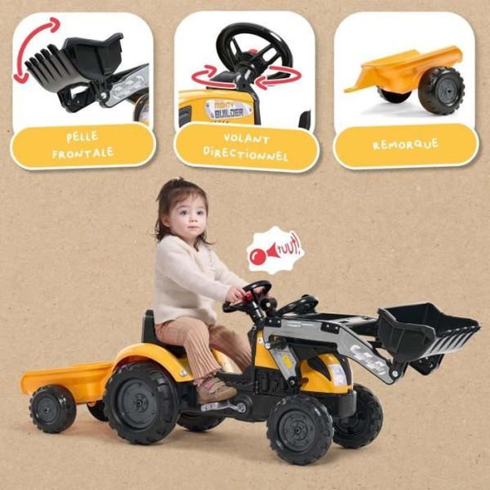 Voir la diapositive 3 : FALK Tracteur a pédales Mighty Builder - FALK - Avec remorque - Jaune - 100% Fabriqué en France - 50% de plastique recyclé - Des 2