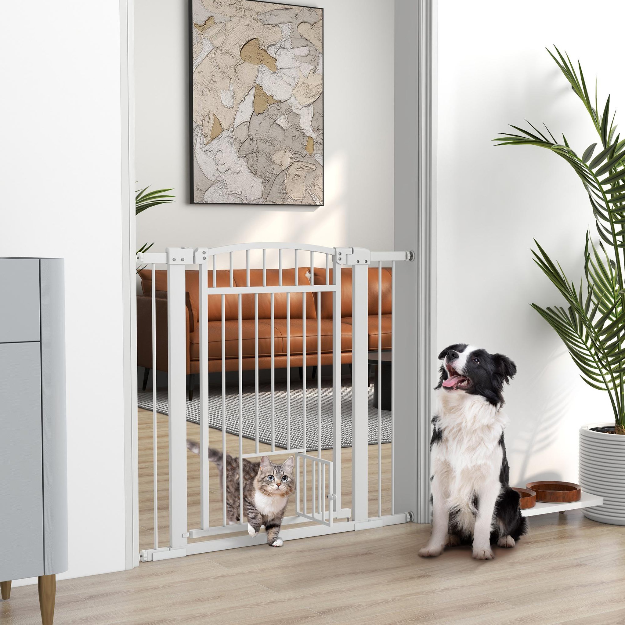 Voir la diapositive 2 : PAWHUT Barrière de sécurité pour chien - barrière à pression ajustable - 2 portes verrouillables - acier blanc