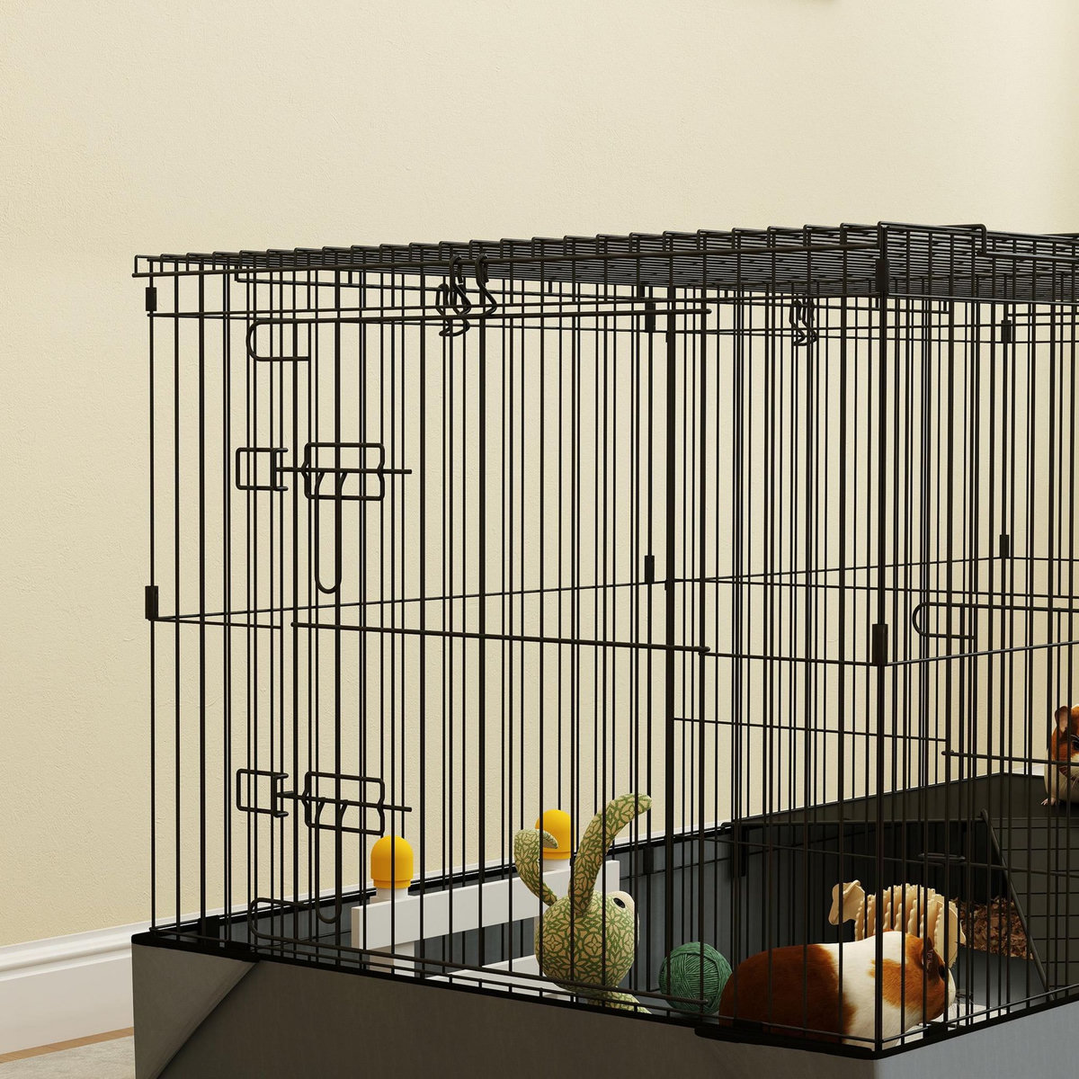 PAWHUT Cage pour cochon d'inde avec séparation 2 zones - plateforme observation, rampe, portes - acier noir PVC tissu gris