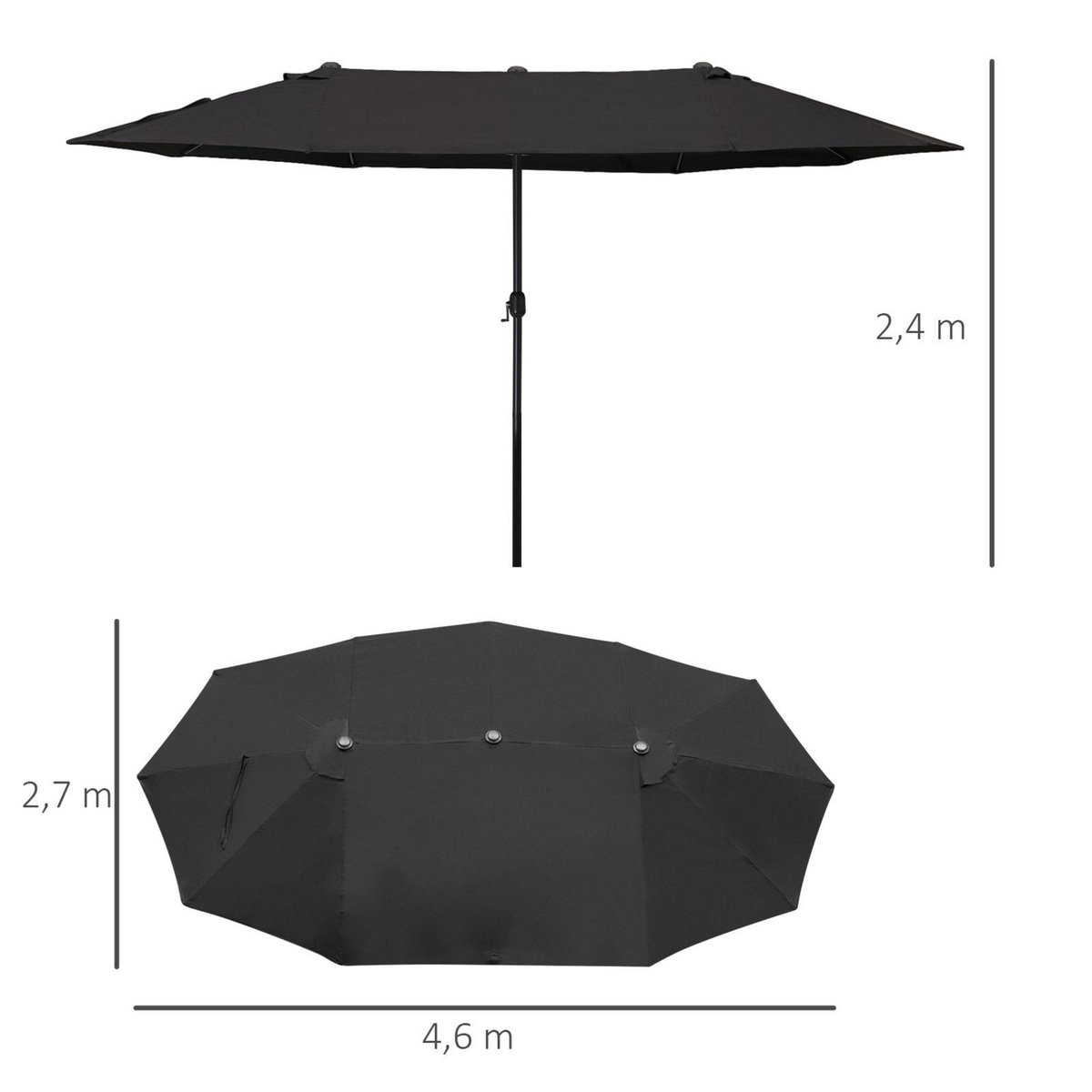 OUTSUNNY Parasol de jardin XXL parasol grande taille 4,6L x 2,7l x 2,4H m ouverture fermeture manivelle acier polyester haute densité noir