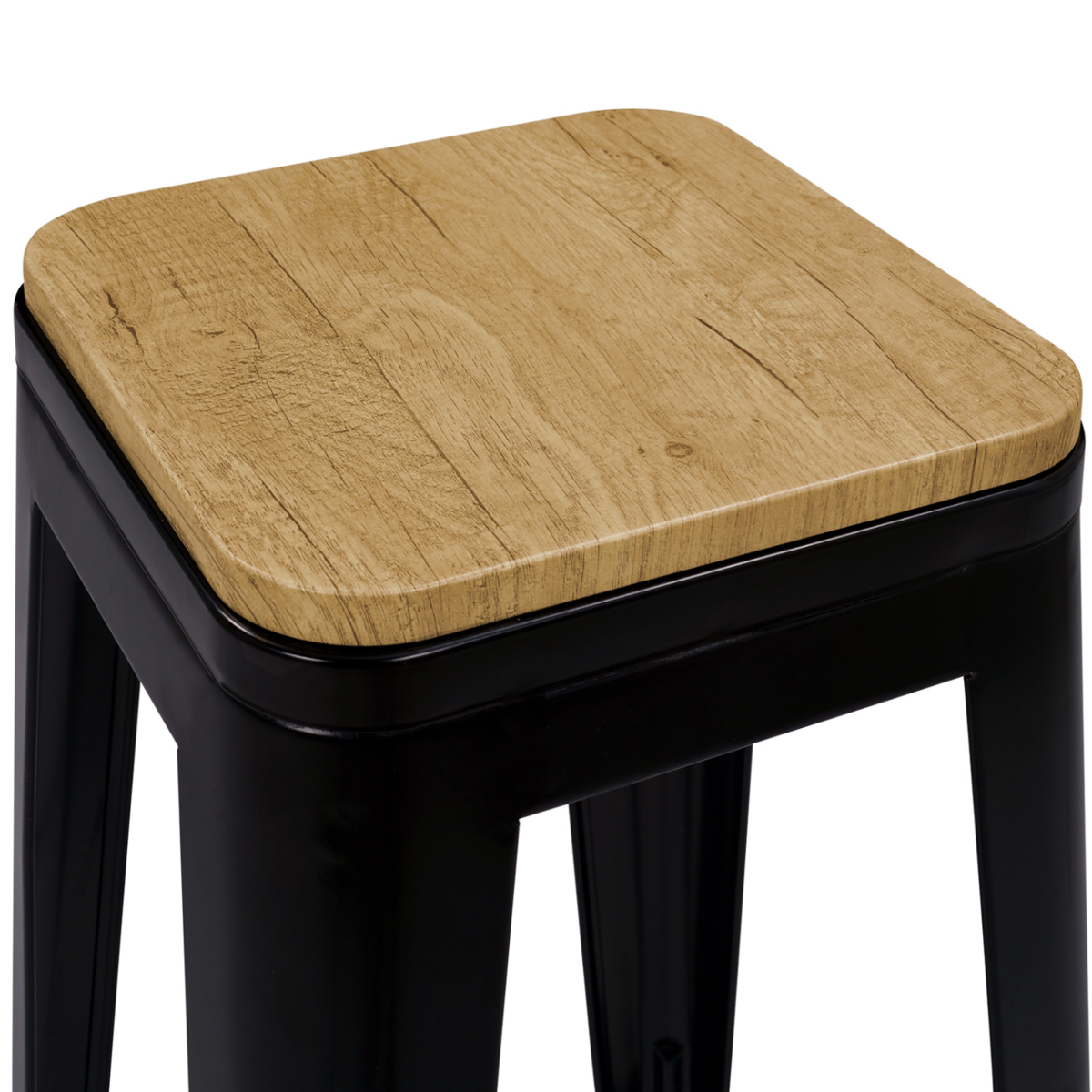 ID MARKET Lot de 4 tabourets de bar LENY métal noir mat assise bois empilable aspect brut factory